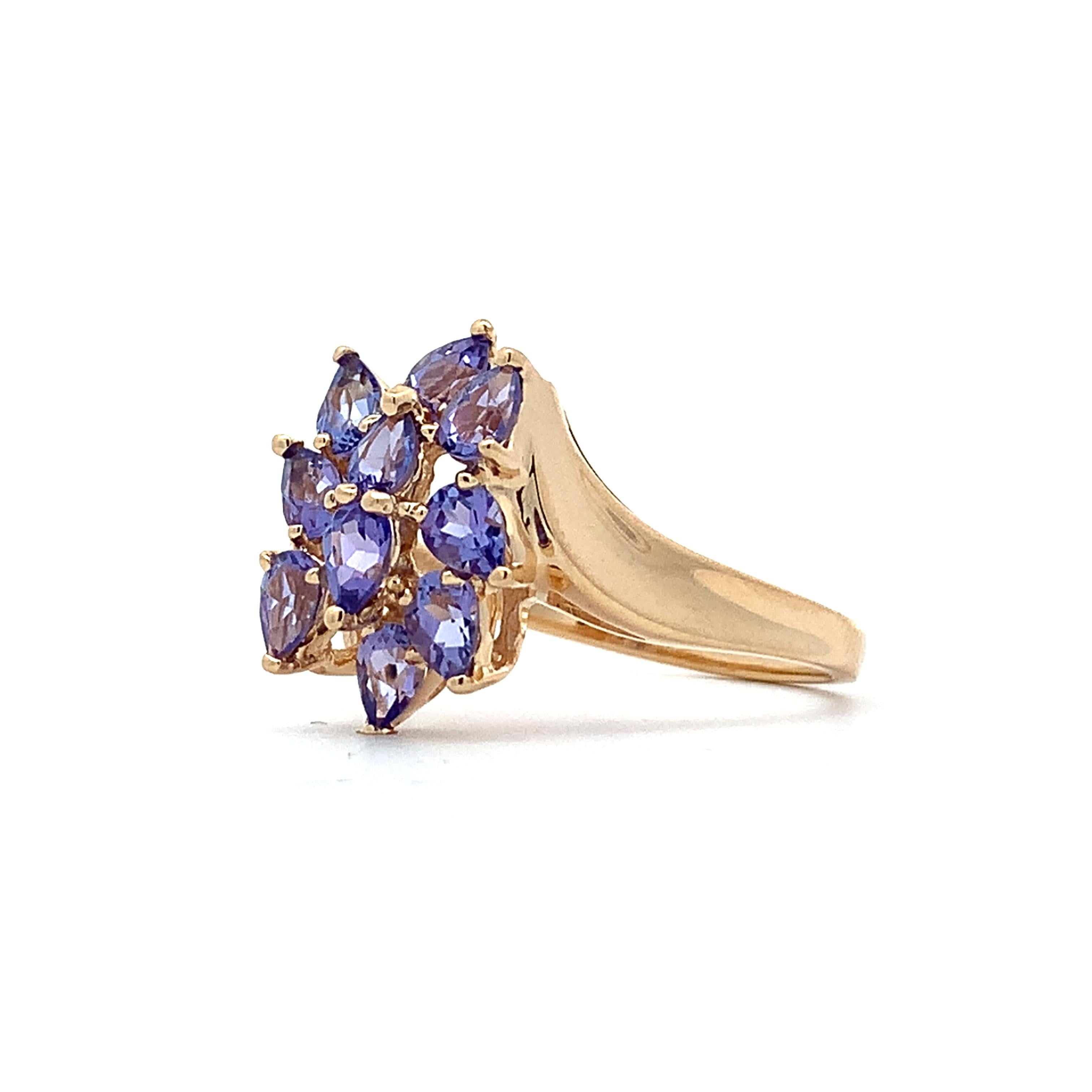 14K Yellow Gold Pear Cut Purple Tanzanite Bypass Shanks Cluster Ring Size 8.75