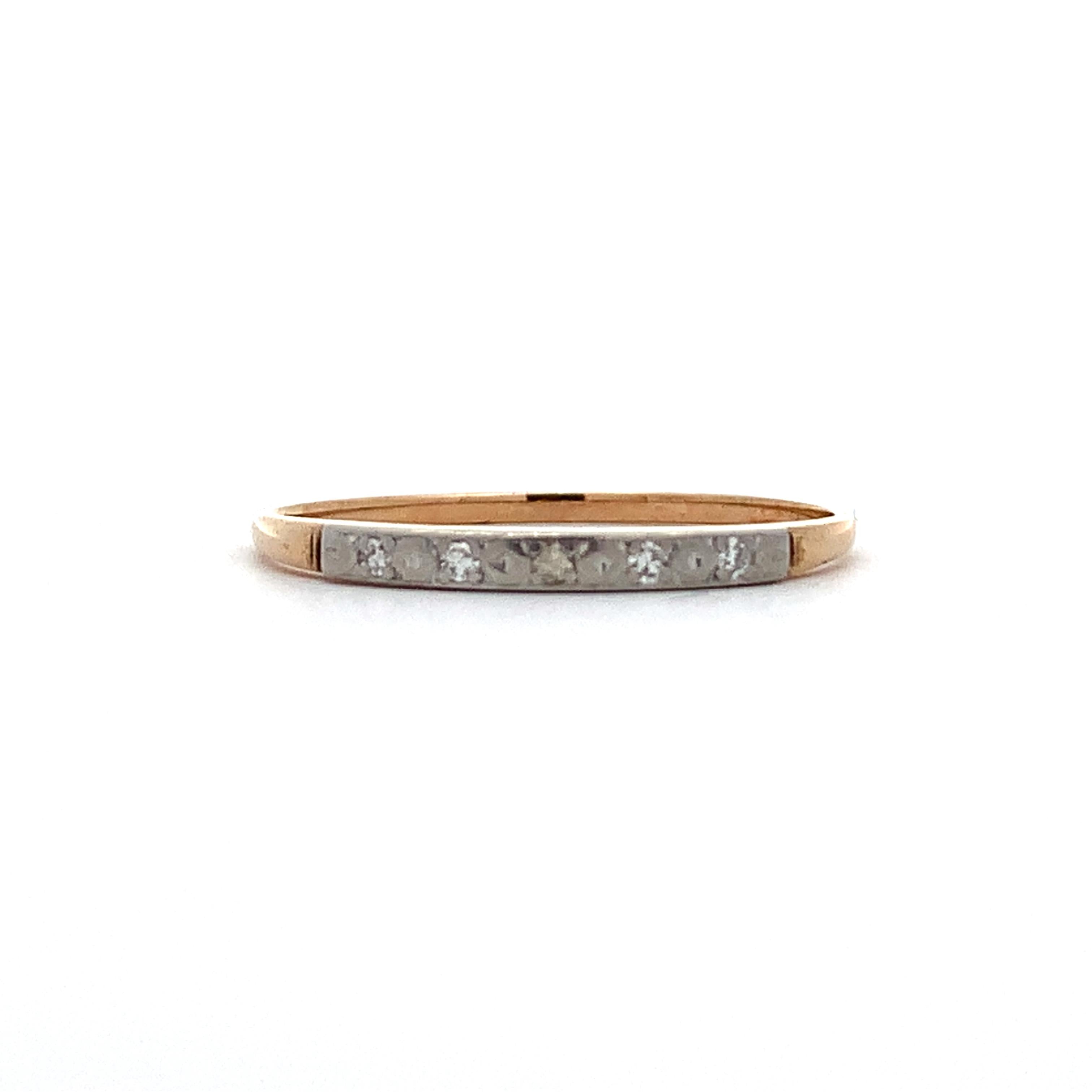 Vintage 14K Yellow & White Gold Single Cut Diamond Carved Milgrain Slim Band