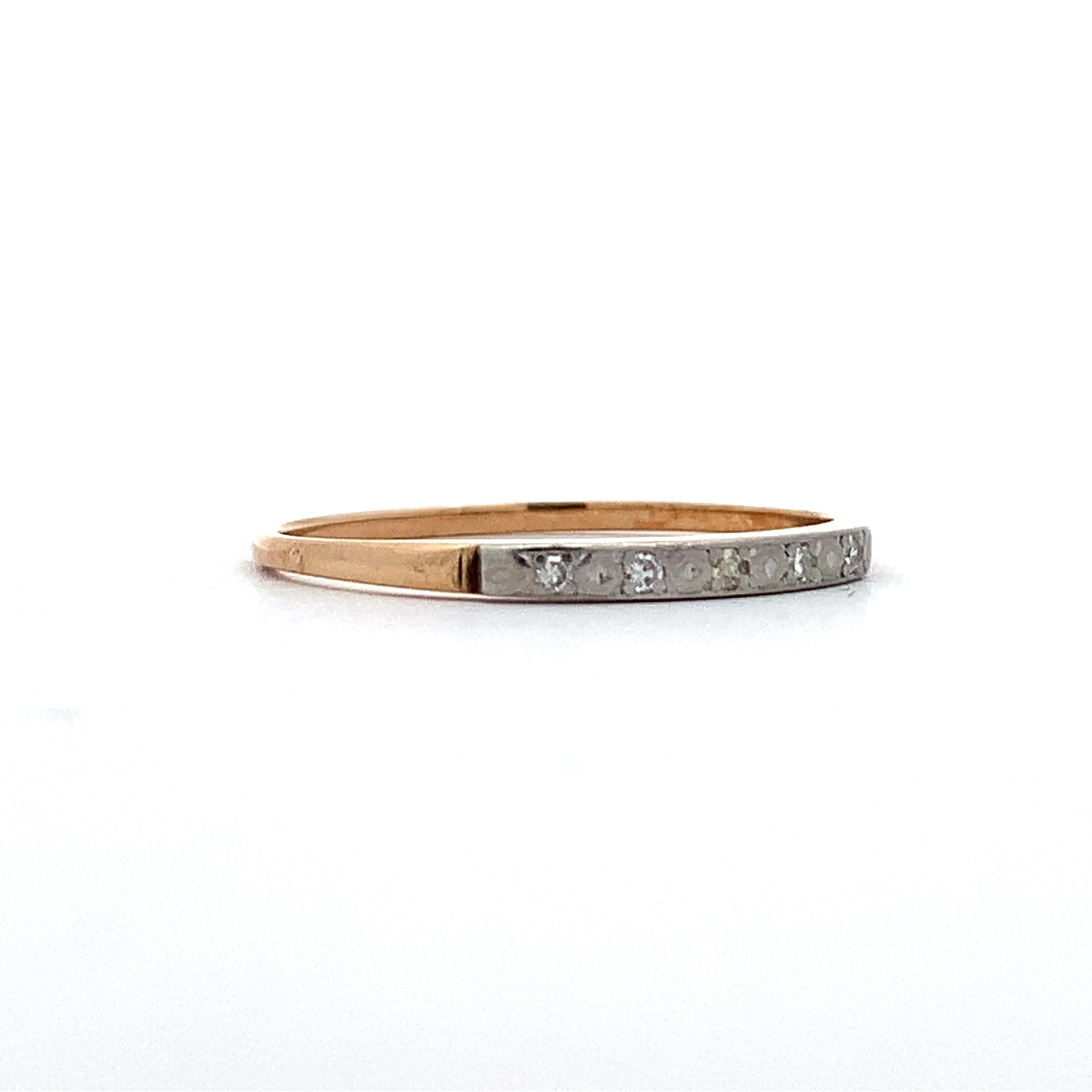 Vintage 14K Yellow & White Gold Single Cut Diamond Carved Milgrain Slim Band