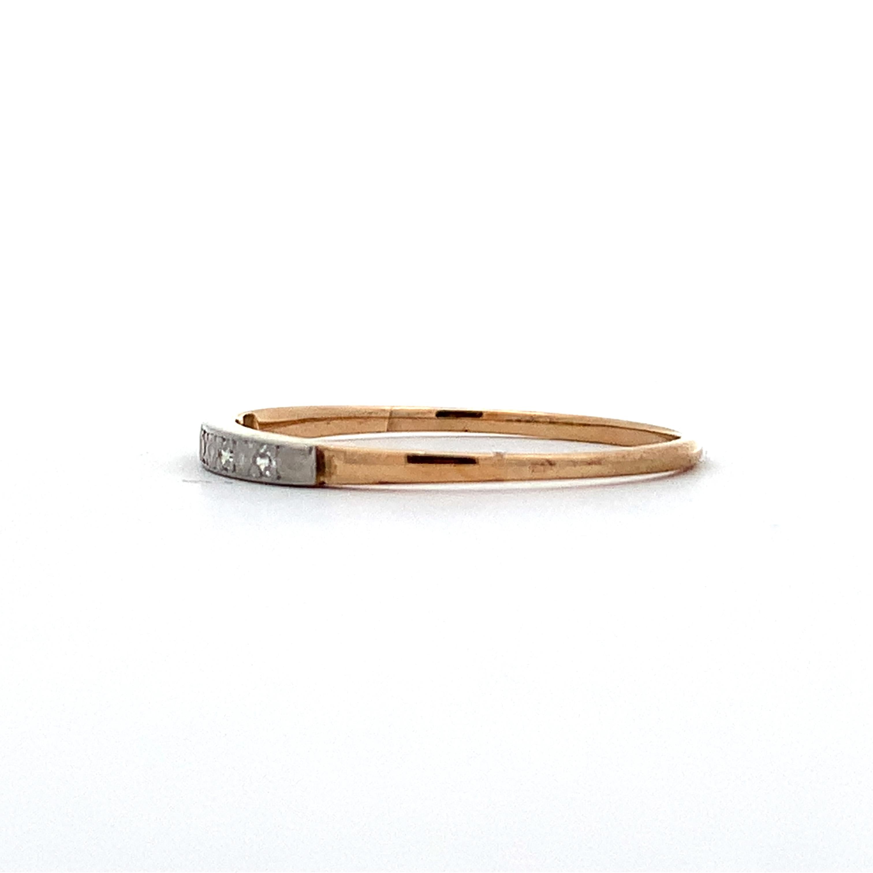 Vintage 14K Yellow & White Gold Single Cut Diamond Carved Milgrain Slim Band