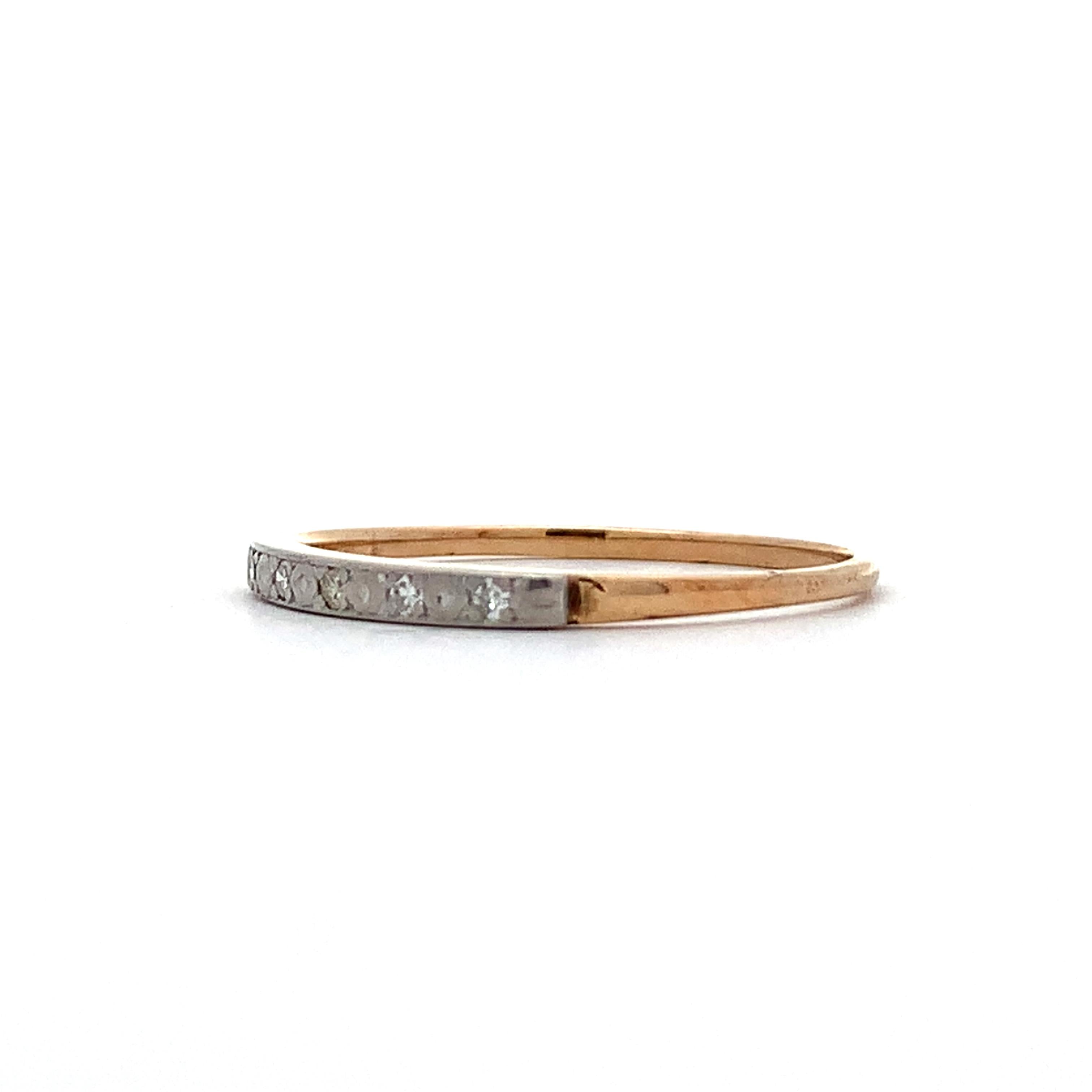 Vintage 14K Yellow & White Gold Single Cut Diamond Carved Milgrain Slim Band