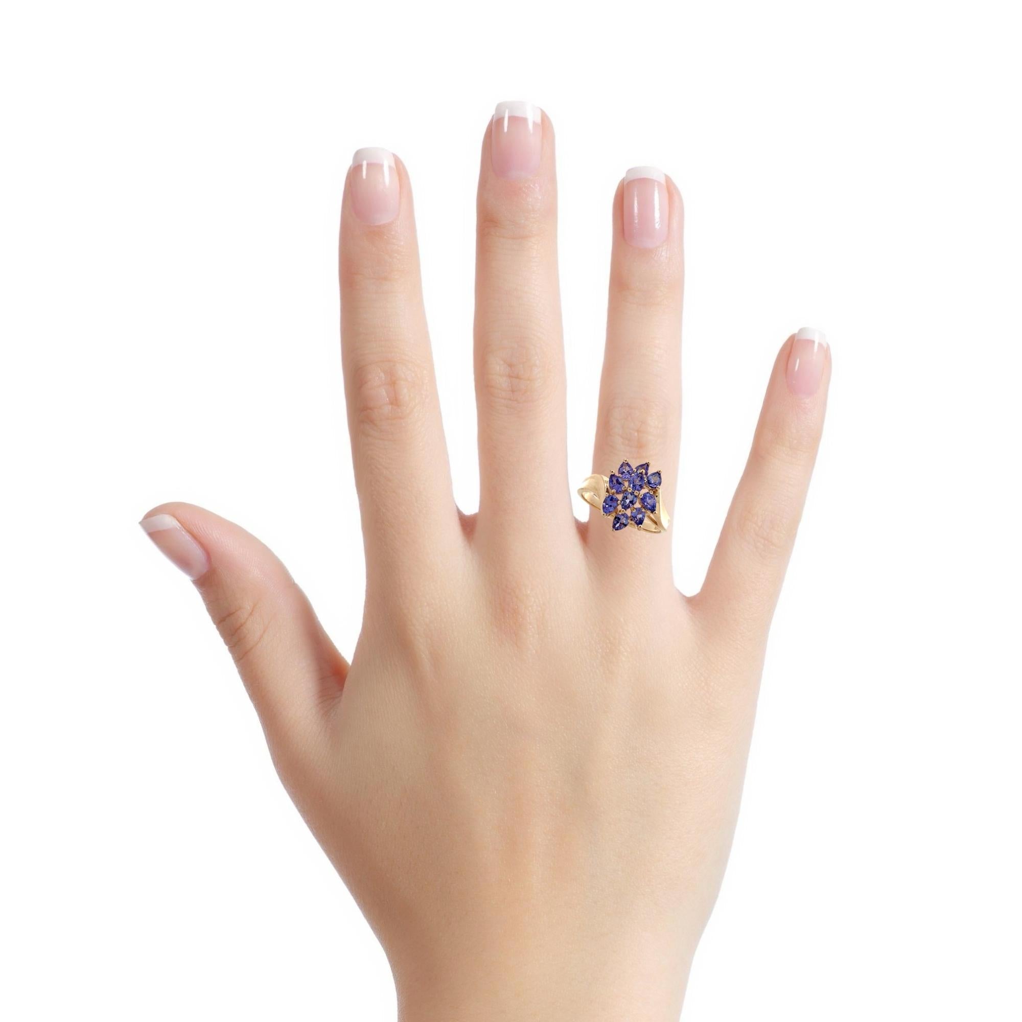 14K Yellow Gold Pear Cut Purple Tanzanite Bypass Shanks Cluster Ring Size 10