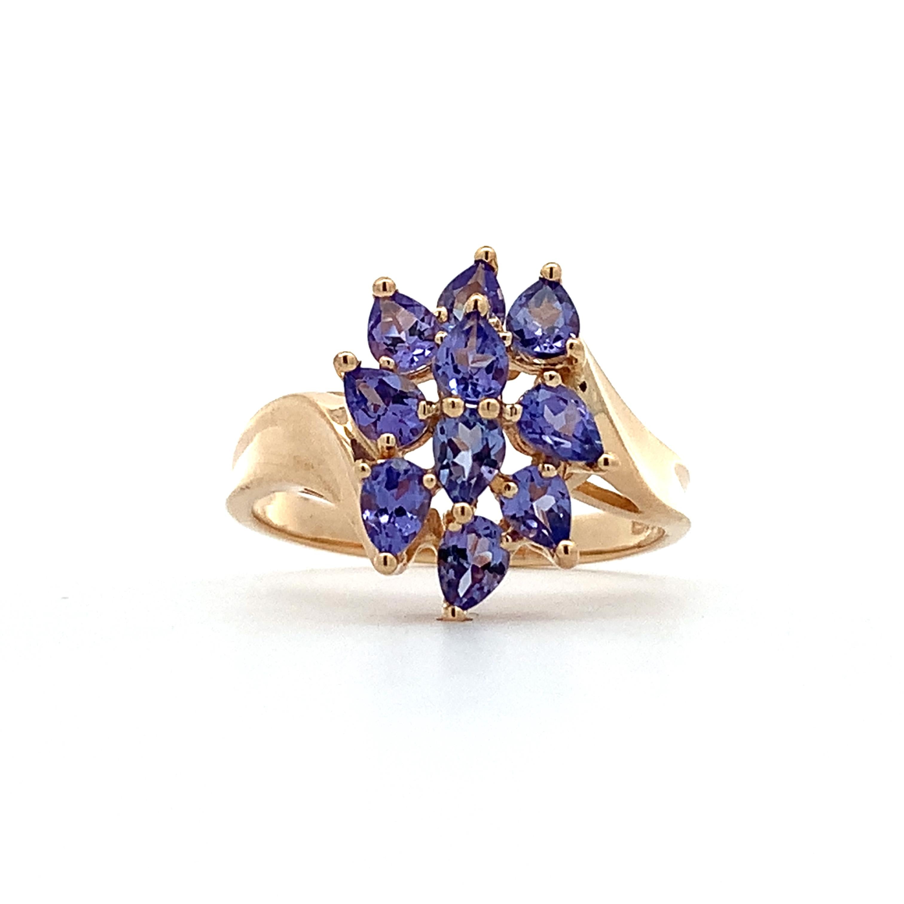 14K Yellow Gold Pear Cut Purple Tanzanite Bypass Shanks Cluster Ring Size 10