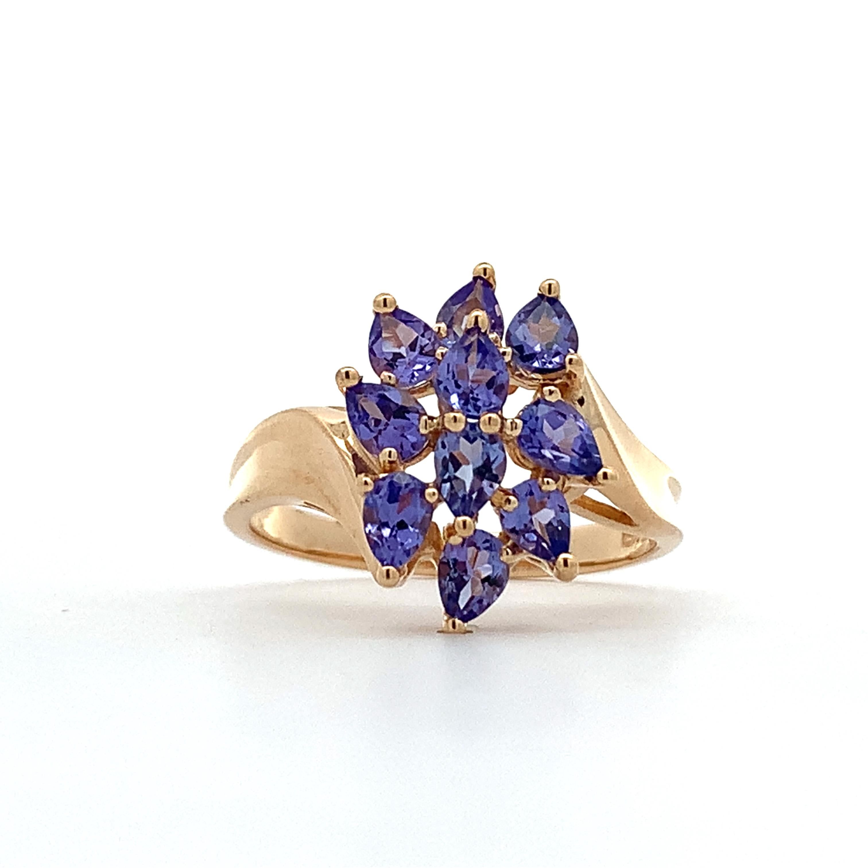 14K Yellow Gold Pear Cut Purple Tanzanite Bypass Shanks Cluster Ring Size 10