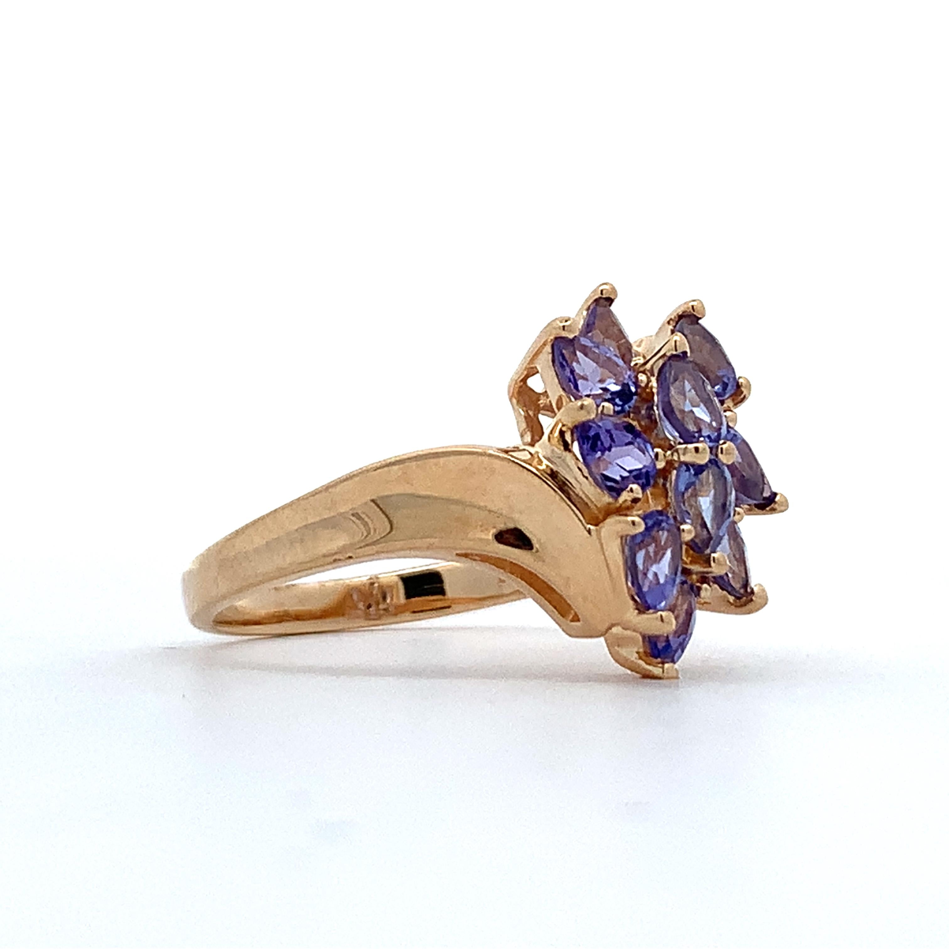 14K Yellow Gold Pear Cut Purple Tanzanite Bypass Shanks Cluster Ring Size 10