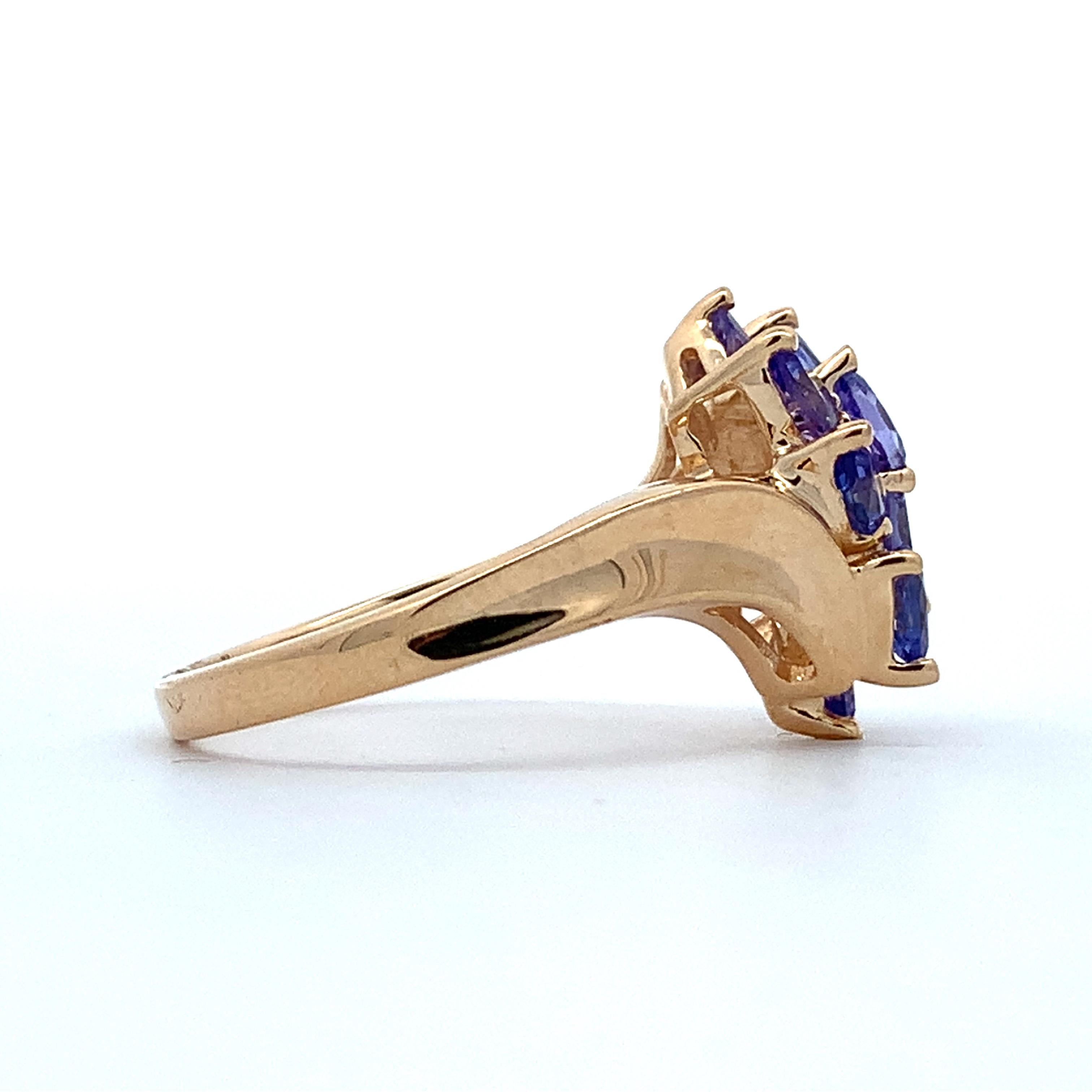 14K Yellow Gold Pear Cut Purple Tanzanite Bypass Shanks Cluster Ring Size 10