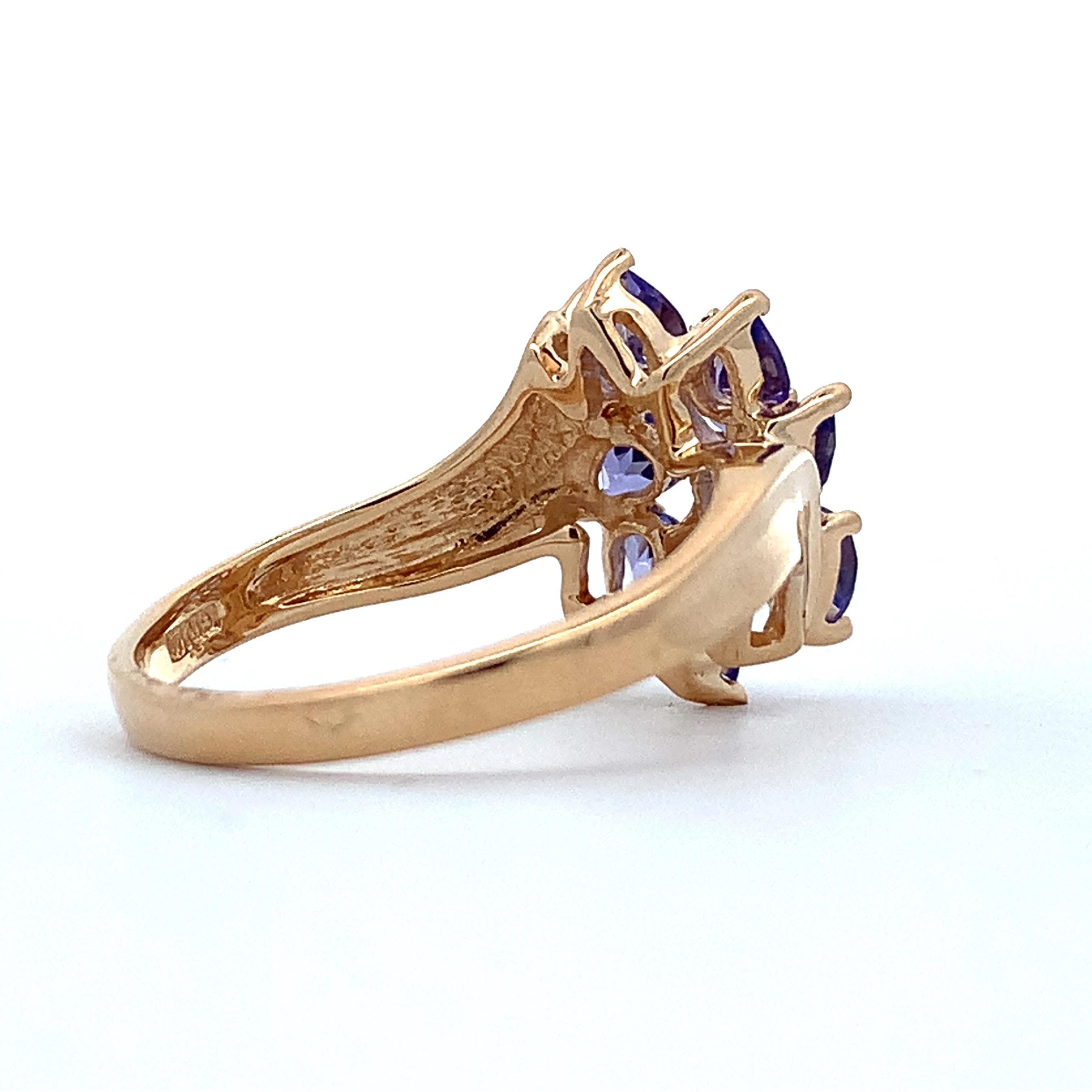 14K Yellow Gold Pear Cut Purple Tanzanite Bypass Shanks Cluster Ring Size 10
