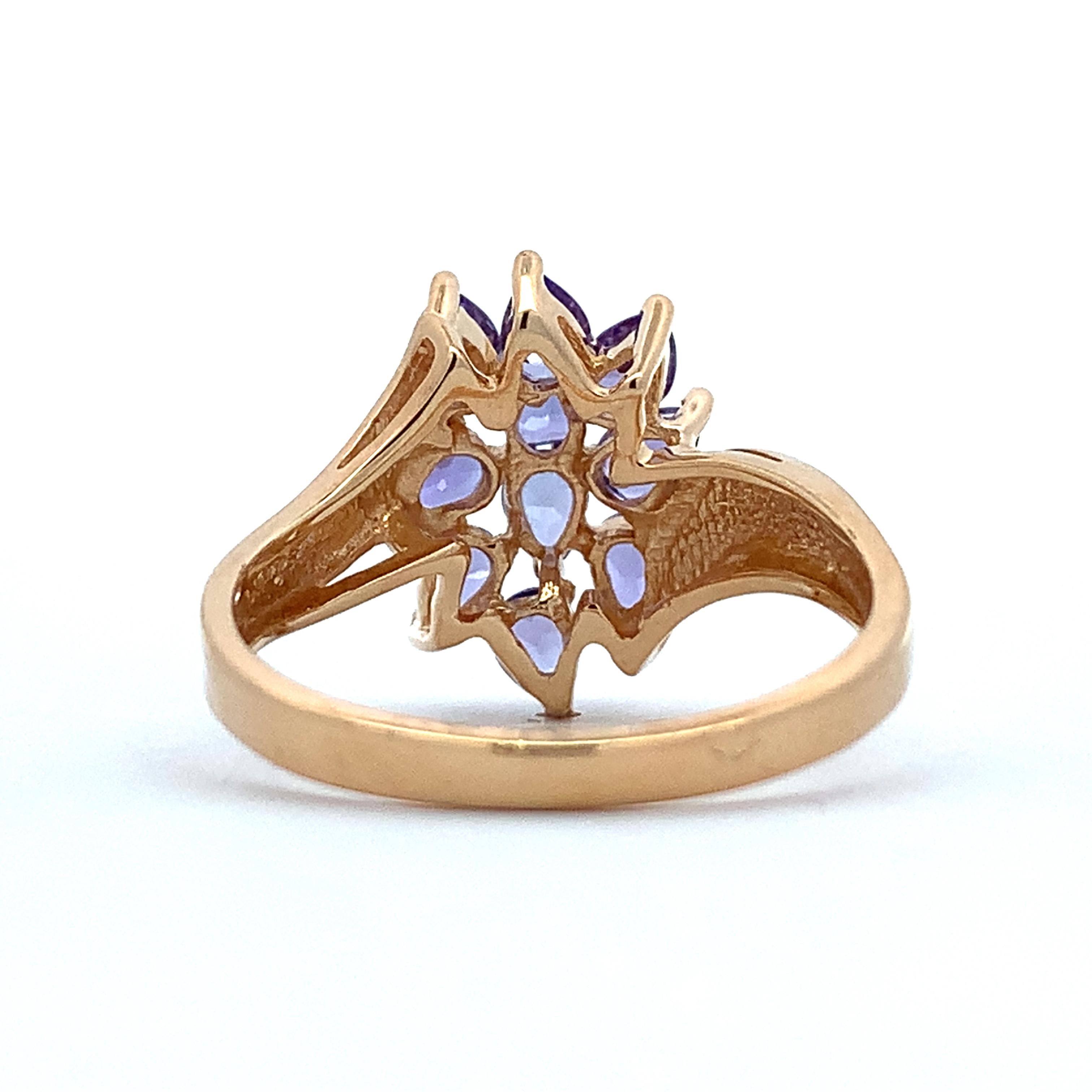 14K Yellow Gold Pear Cut Purple Tanzanite Bypass Shanks Cluster Ring Size 10