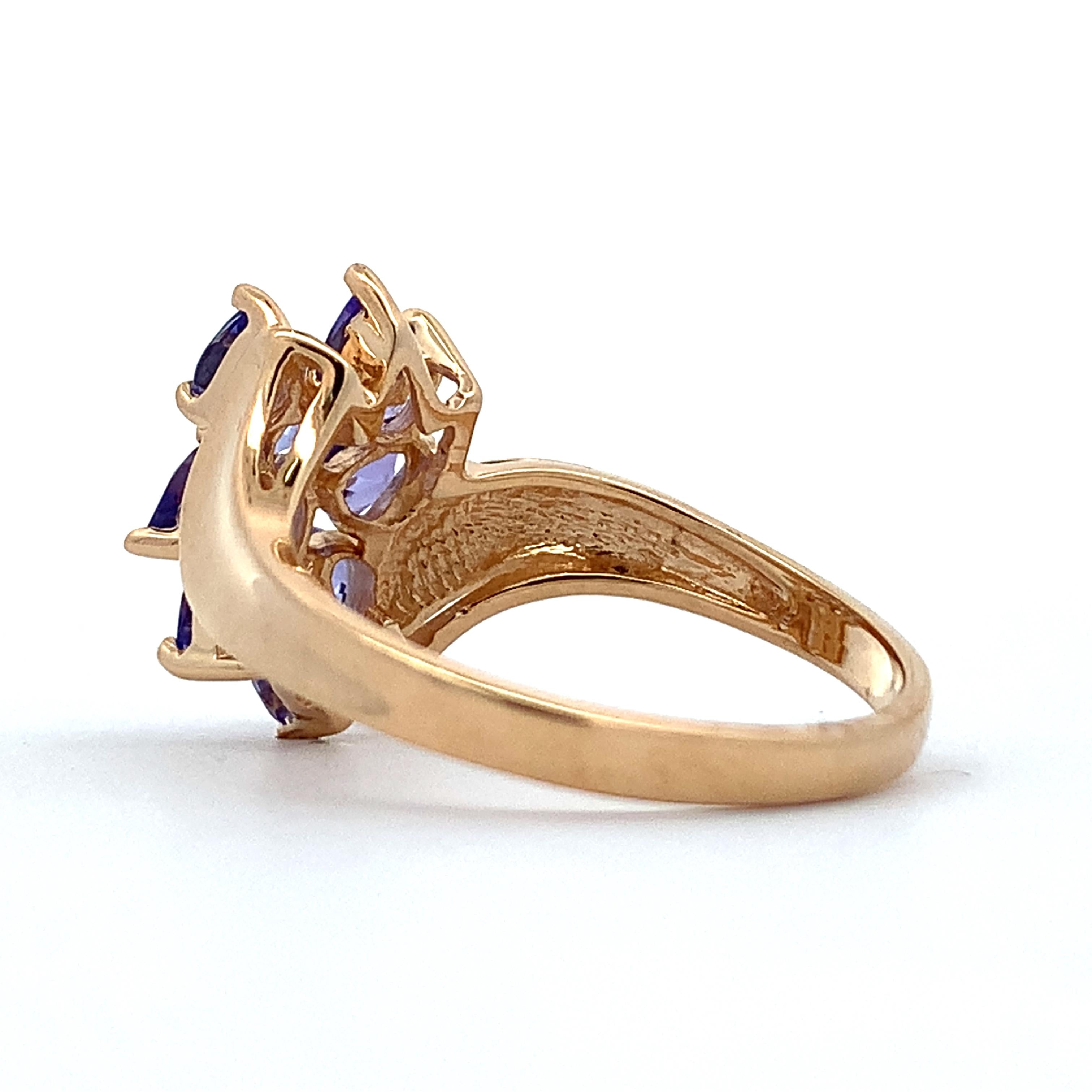 14K Yellow Gold Pear Cut Purple Tanzanite Bypass Shanks Cluster Ring Size 10