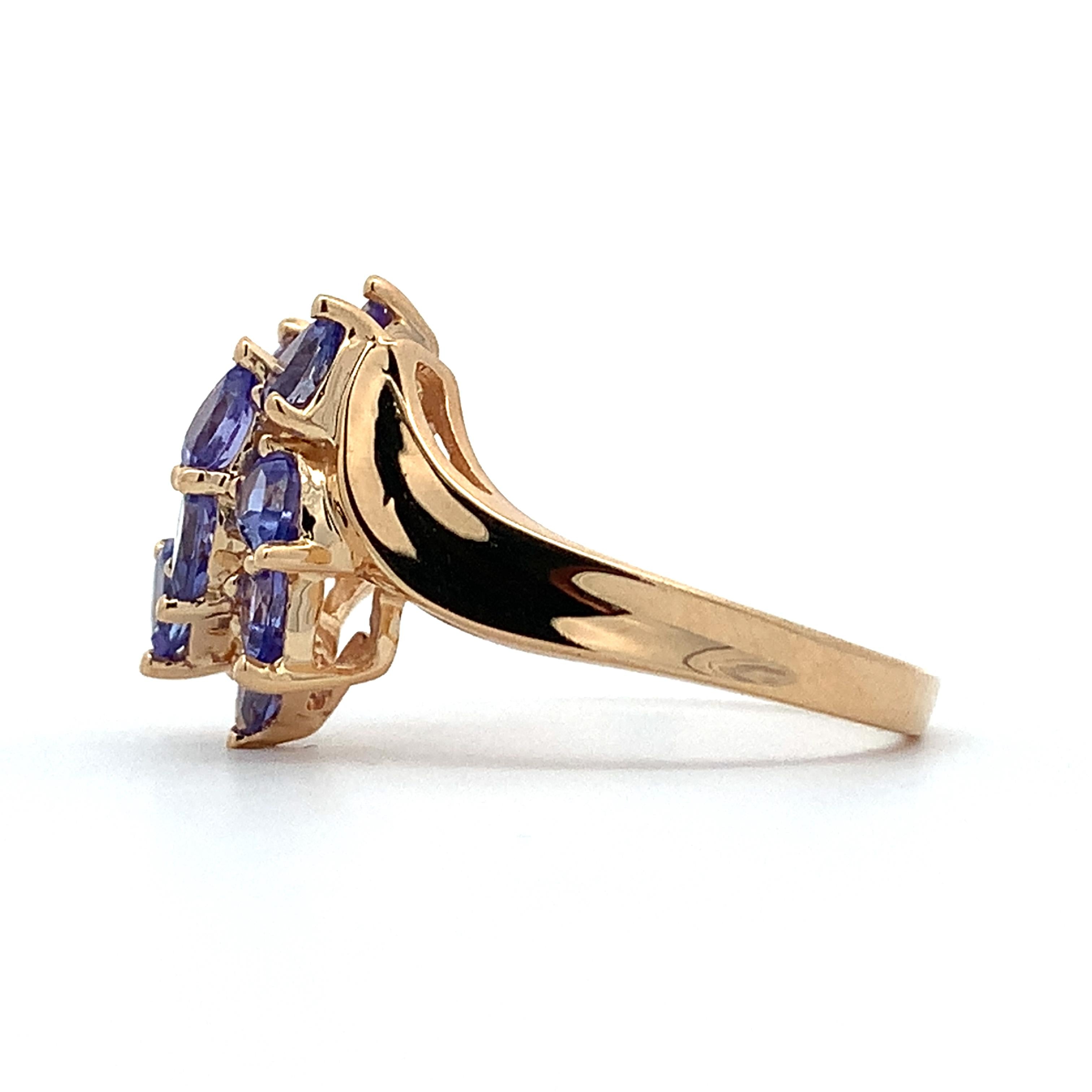 14K Yellow Gold Pear Cut Purple Tanzanite Bypass Shanks Cluster Ring Size 10