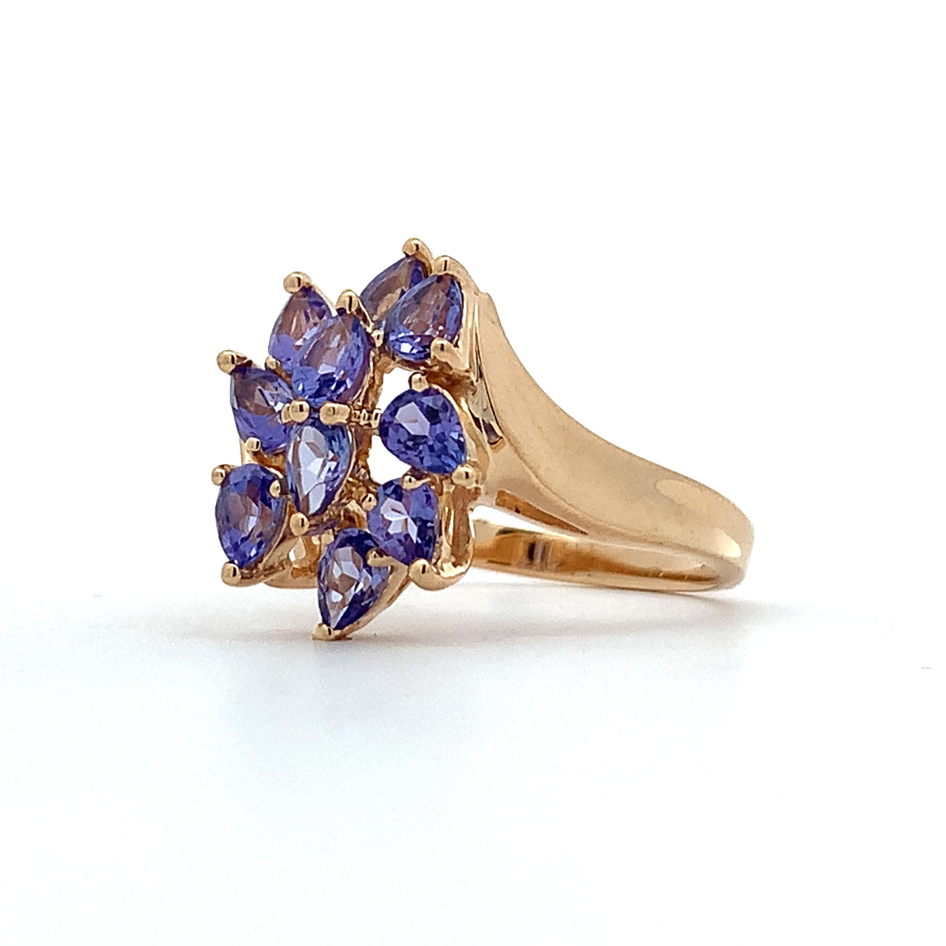 14K Yellow Gold Pear Cut Purple Tanzanite Bypass Shanks Cluster Ring Size 10
