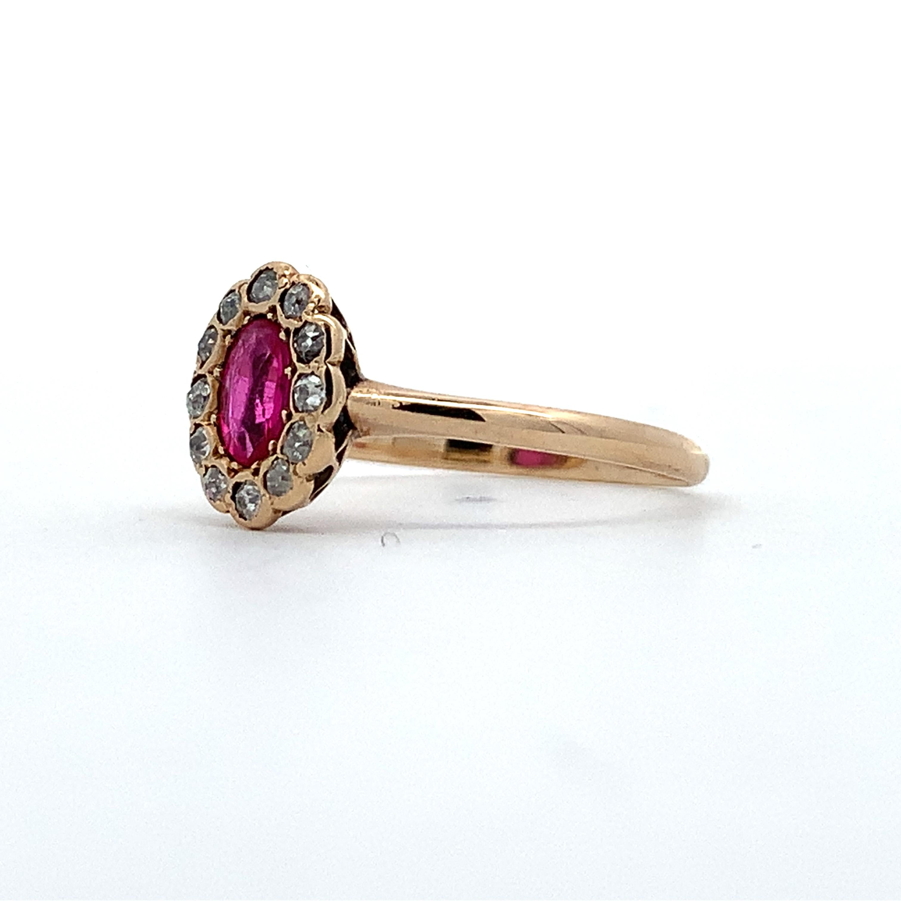 Vintage 14K Gold Oval Synthetic Ruby & Old Mine Cut Diamond Halo Ring Size 6
