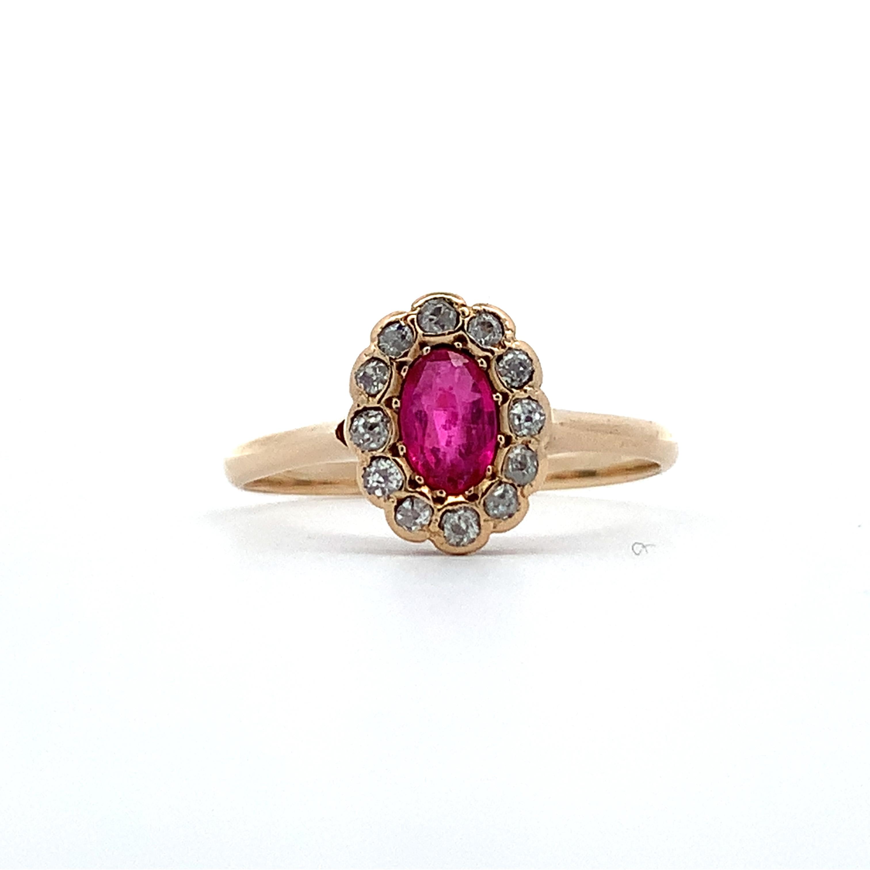 Vintage 14K Gold Oval Synthetic Ruby & Old Mine Cut Diamond Halo Ring Size 6