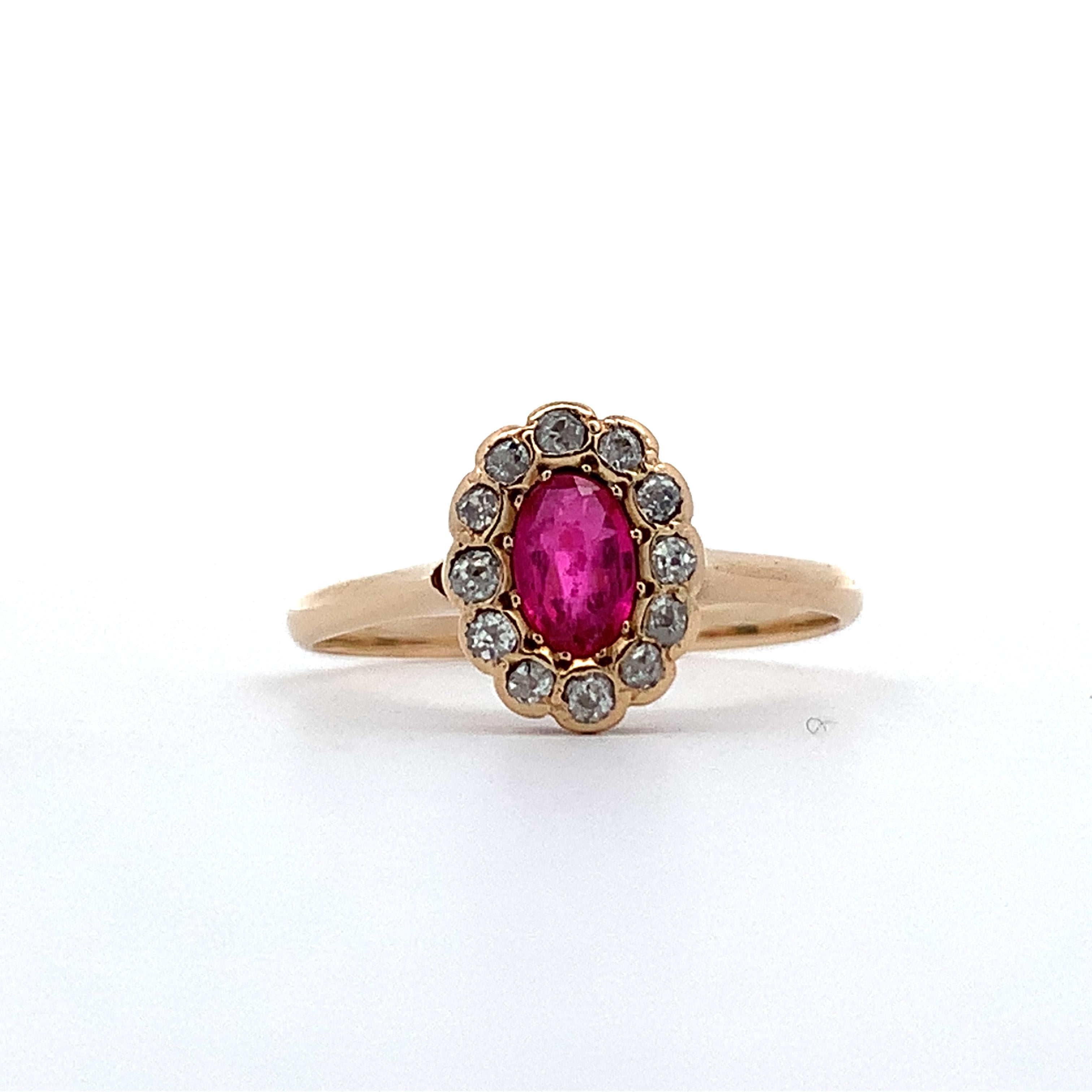 Vintage 14K Gold Oval Synthetic Ruby & Old Mine Cut Diamond Halo Ring Size 6