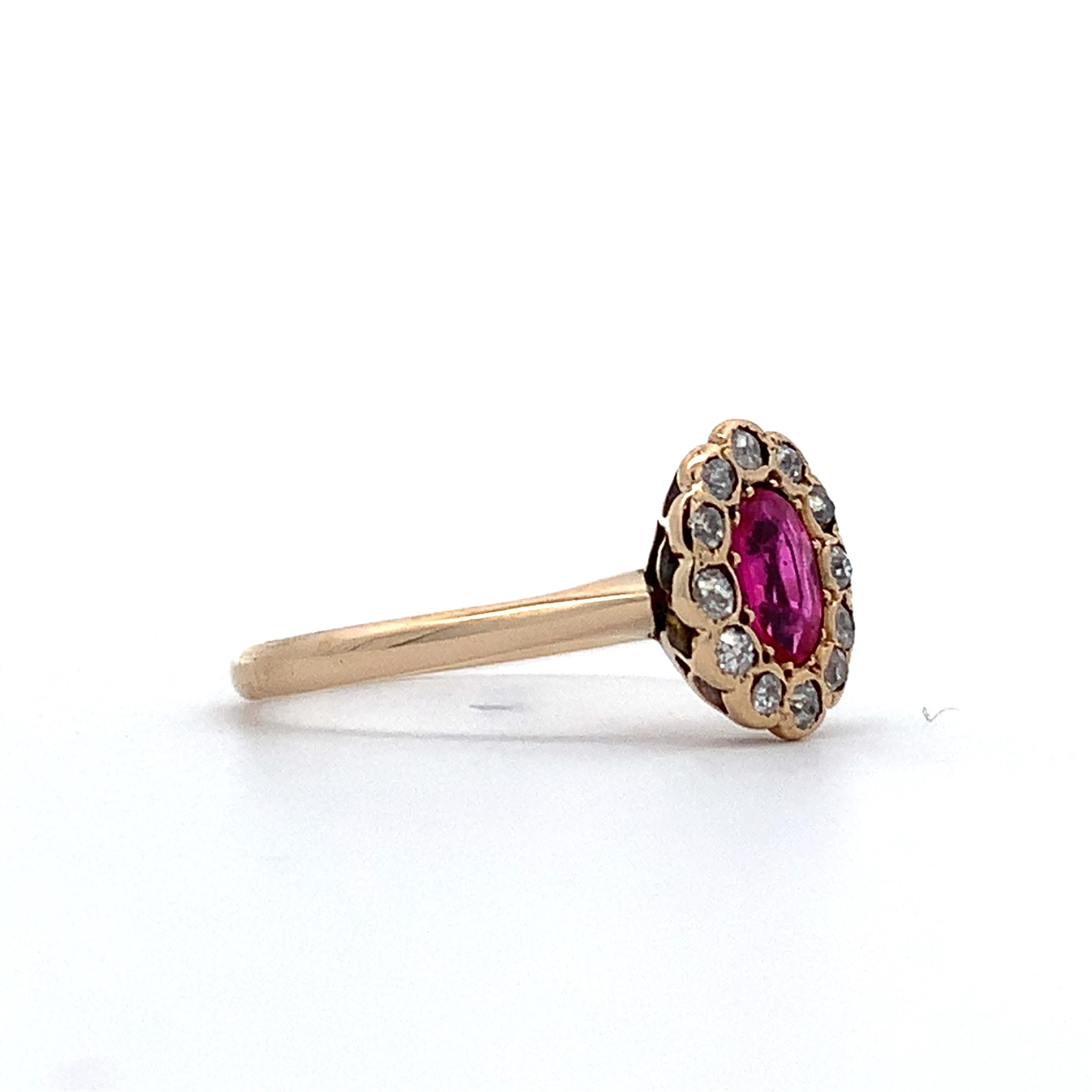 Vintage 14K Gold Oval Synthetic Ruby & Old Mine Cut Diamond Halo Ring Size 6