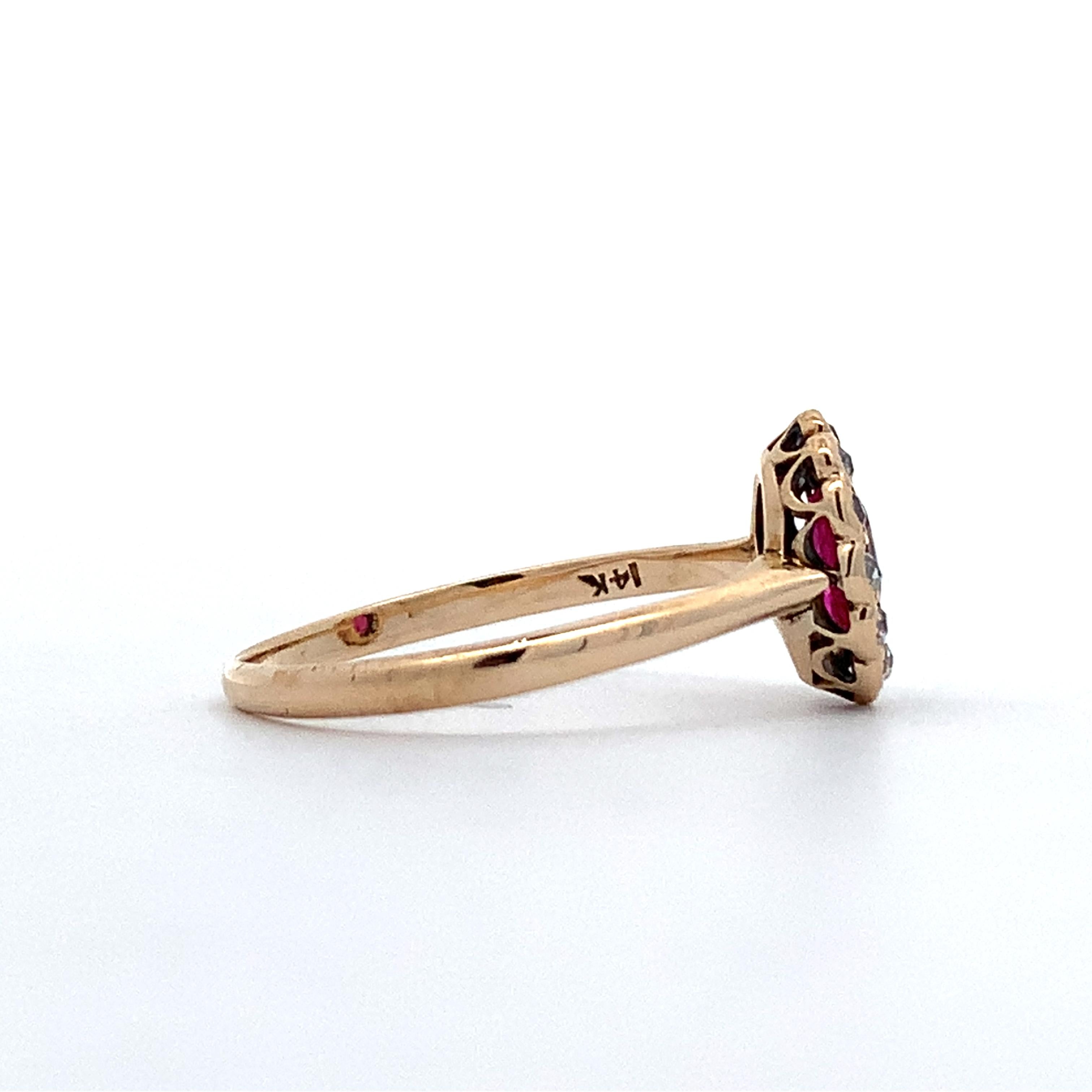 Vintage 14K Gold Oval Synthetic Ruby & Old Mine Cut Diamond Halo Ring Size 6
