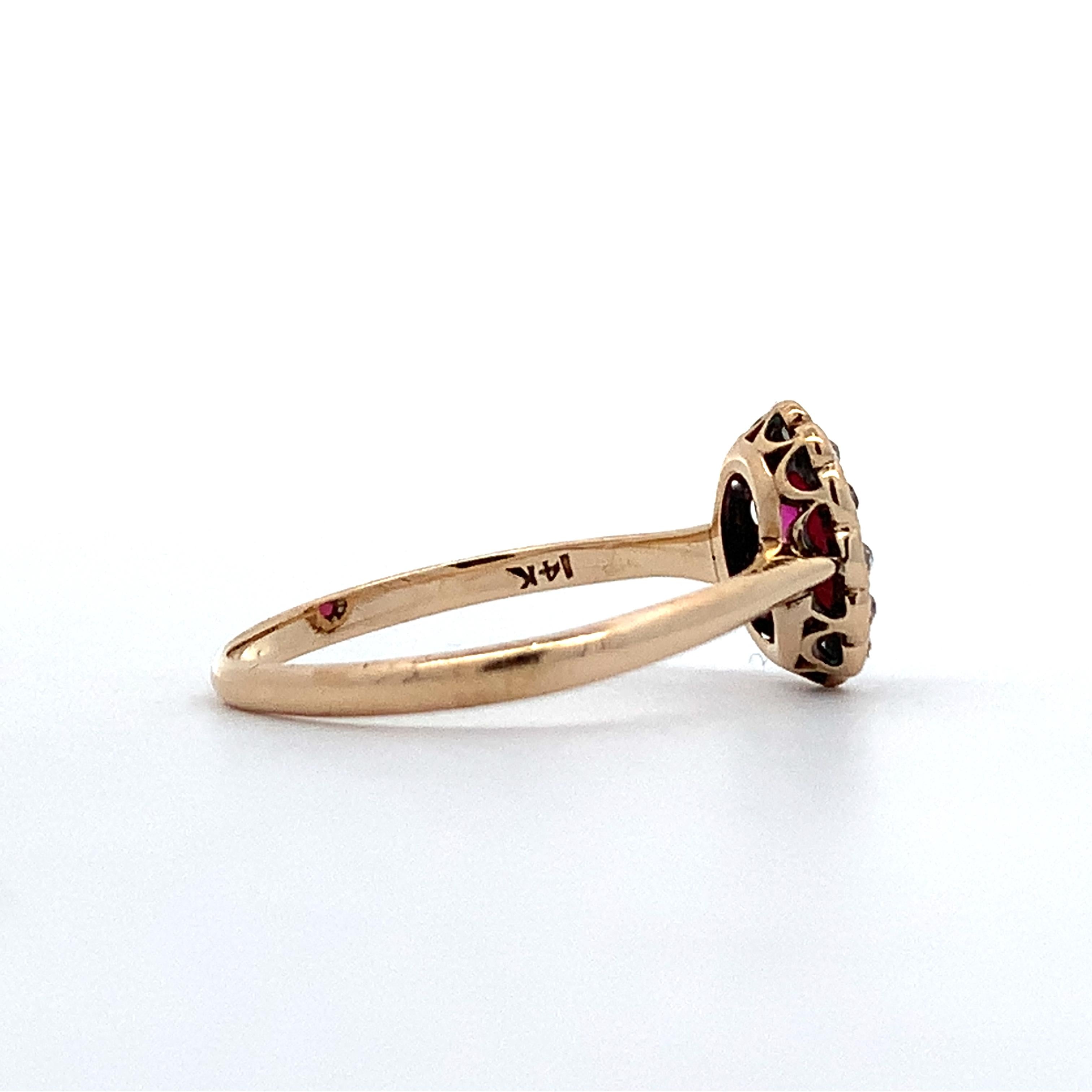 Vintage 14K Gold Oval Synthetic Ruby & Old Mine Cut Diamond Halo Ring Size 6