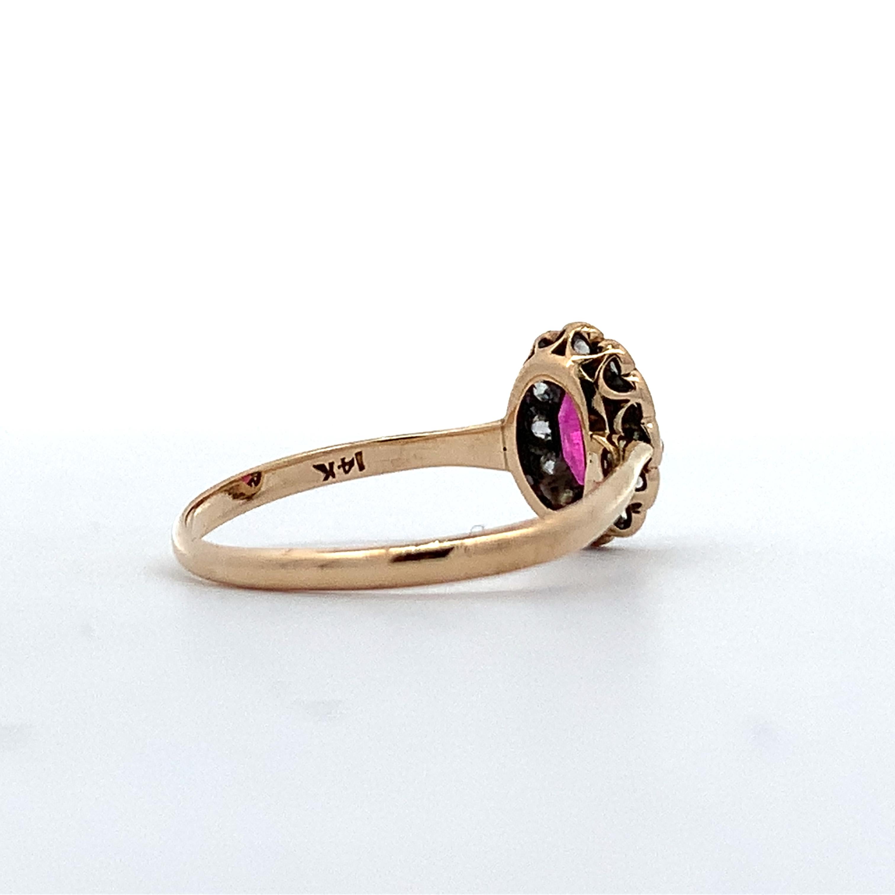 Vintage 14K Gold Oval Synthetic Ruby & Old Mine Cut Diamond Halo Ring Size 6