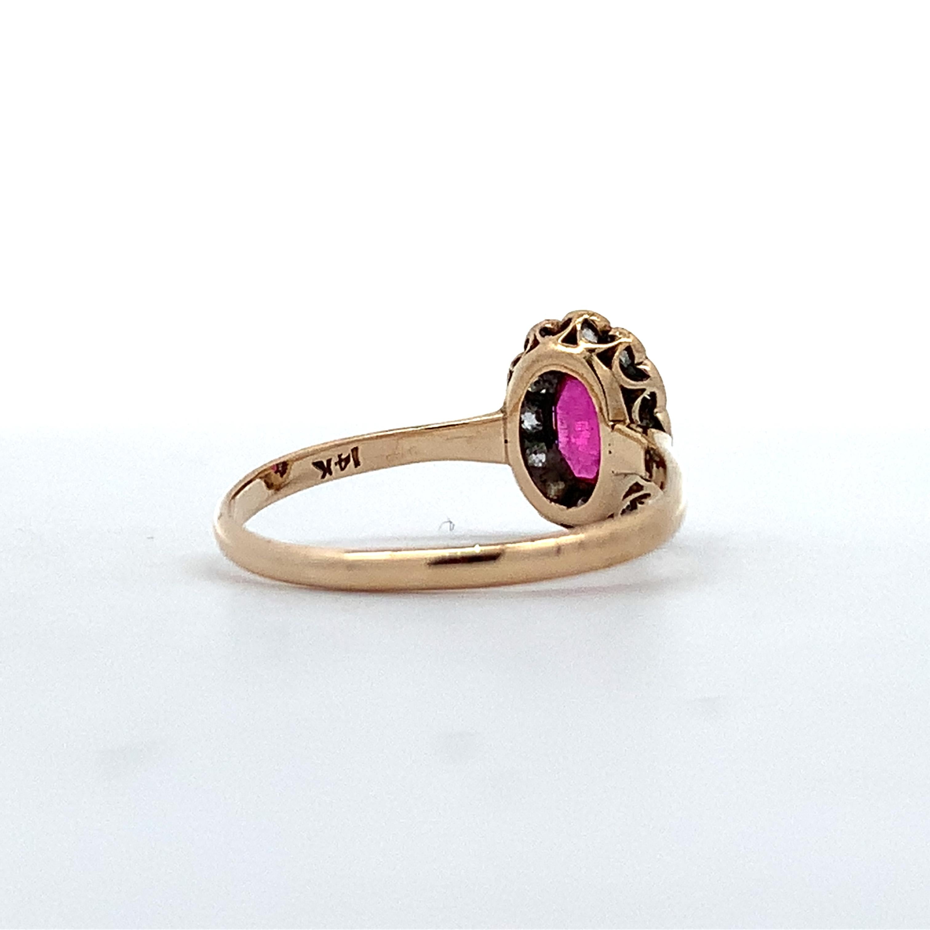 Vintage 14K Gold Oval Synthetic Ruby & Old Mine Cut Diamond Halo Ring Size 6