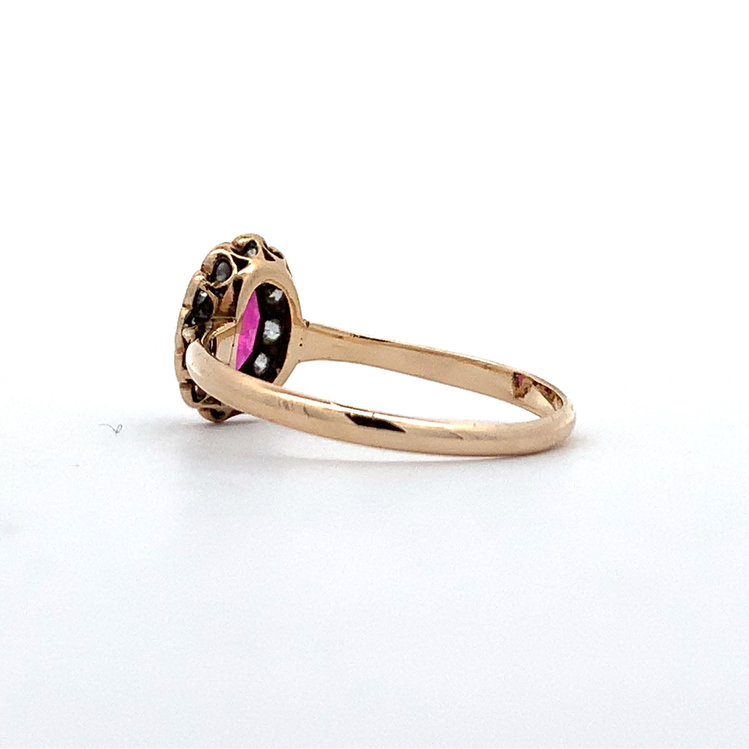 Vintage 14K Gold Oval Synthetic Ruby & Old Mine Cut Diamond Halo Ring Size 6