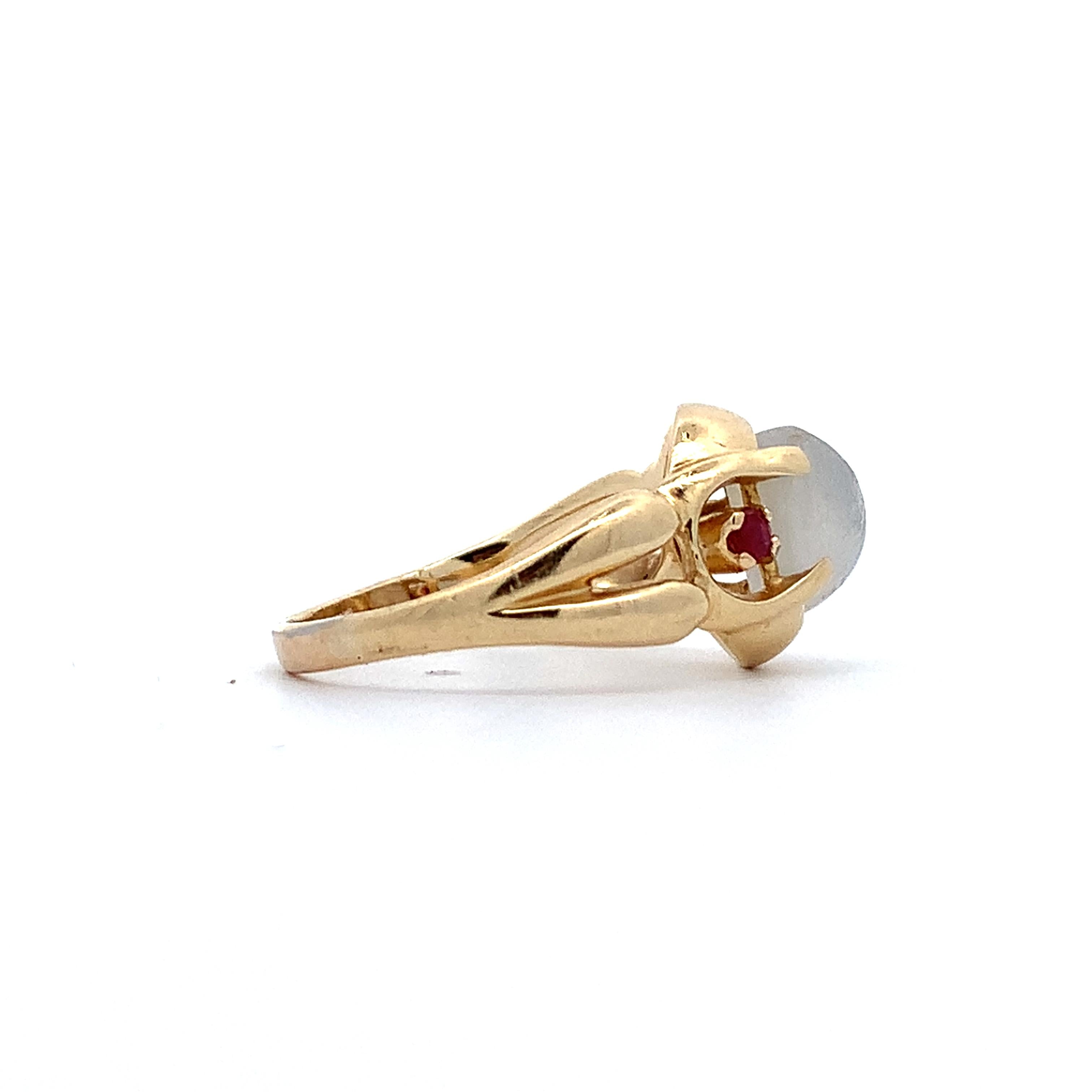 Vintage 14K Yellow Gold Sugarloaf Quartz & Single Cut Ruby Accent Ring Size 6.5