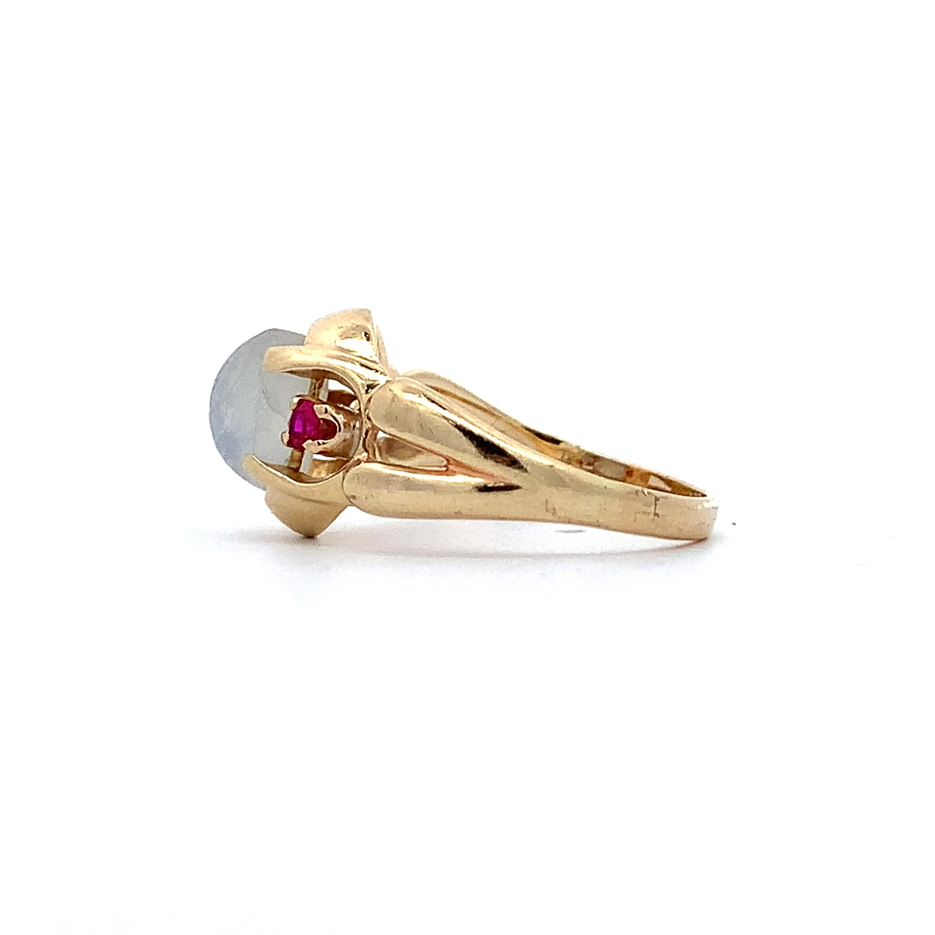 Vintage 14K Yellow Gold Sugarloaf Quartz & Single Cut Ruby Accent Ring Size 6.5