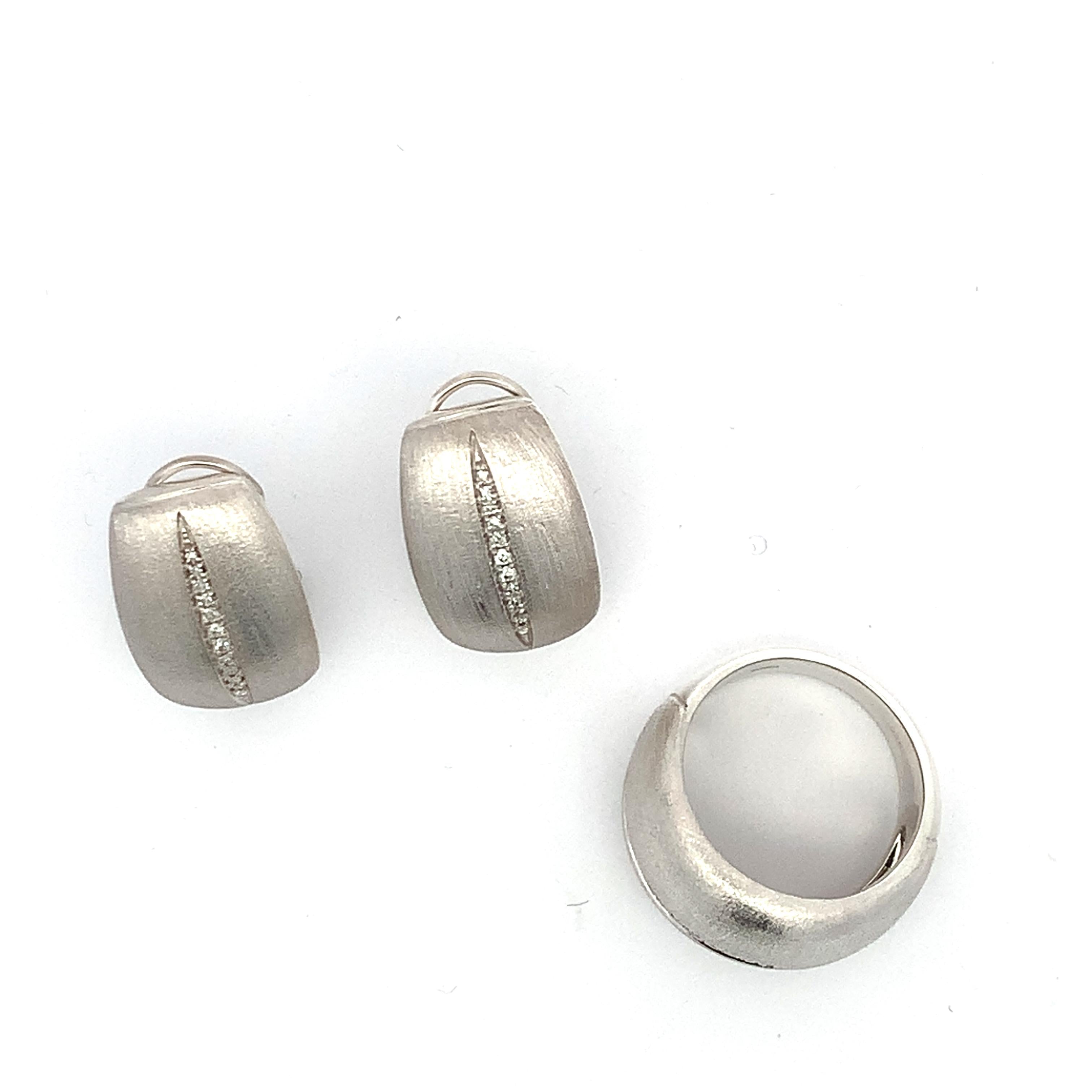 EFFY Sterling Silver W/Diamonds Satin Finish Huggie Earrings Matching Dome Ring