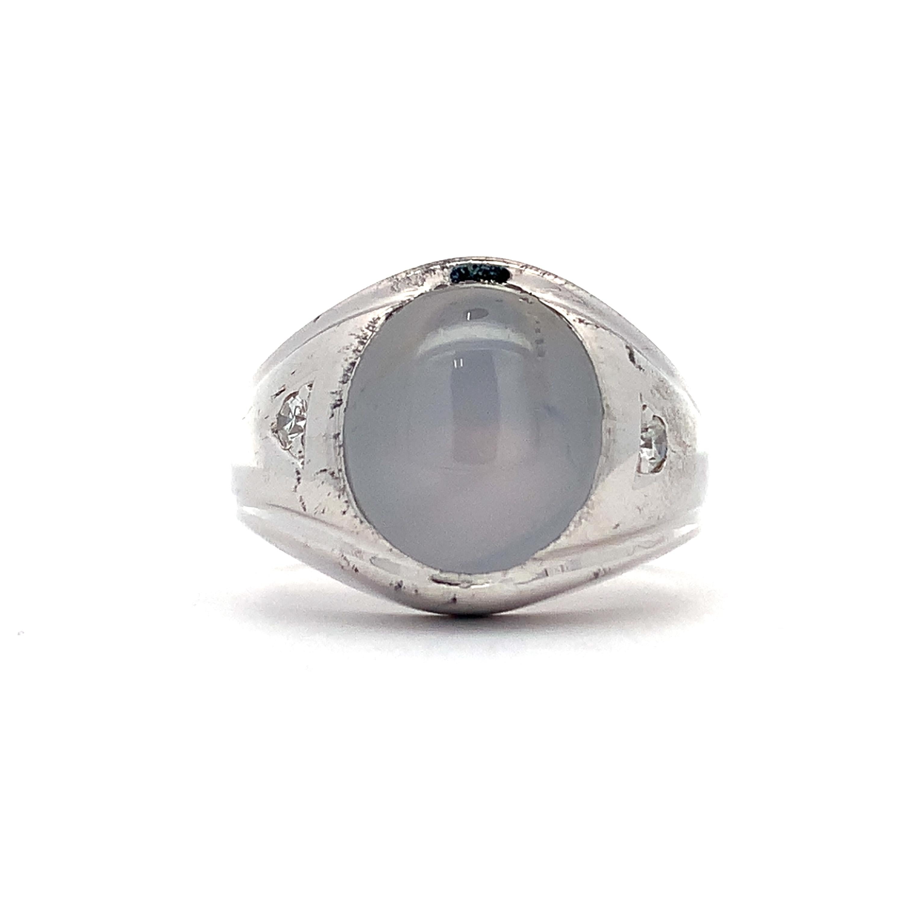 Vintage 14K White Gold Oval Cabochon Star Sapphire & Accent Diamond Signet Ring