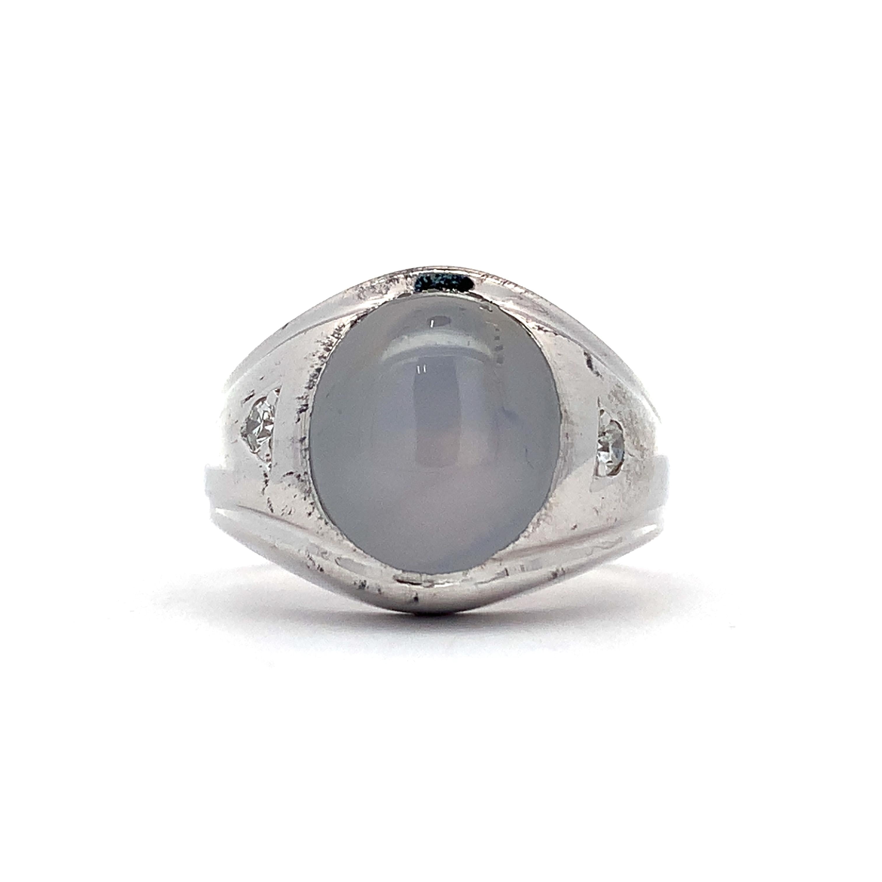 Vintage 14K White Gold Oval Cabochon Star Sapphire & Accent Diamond Signet Ring