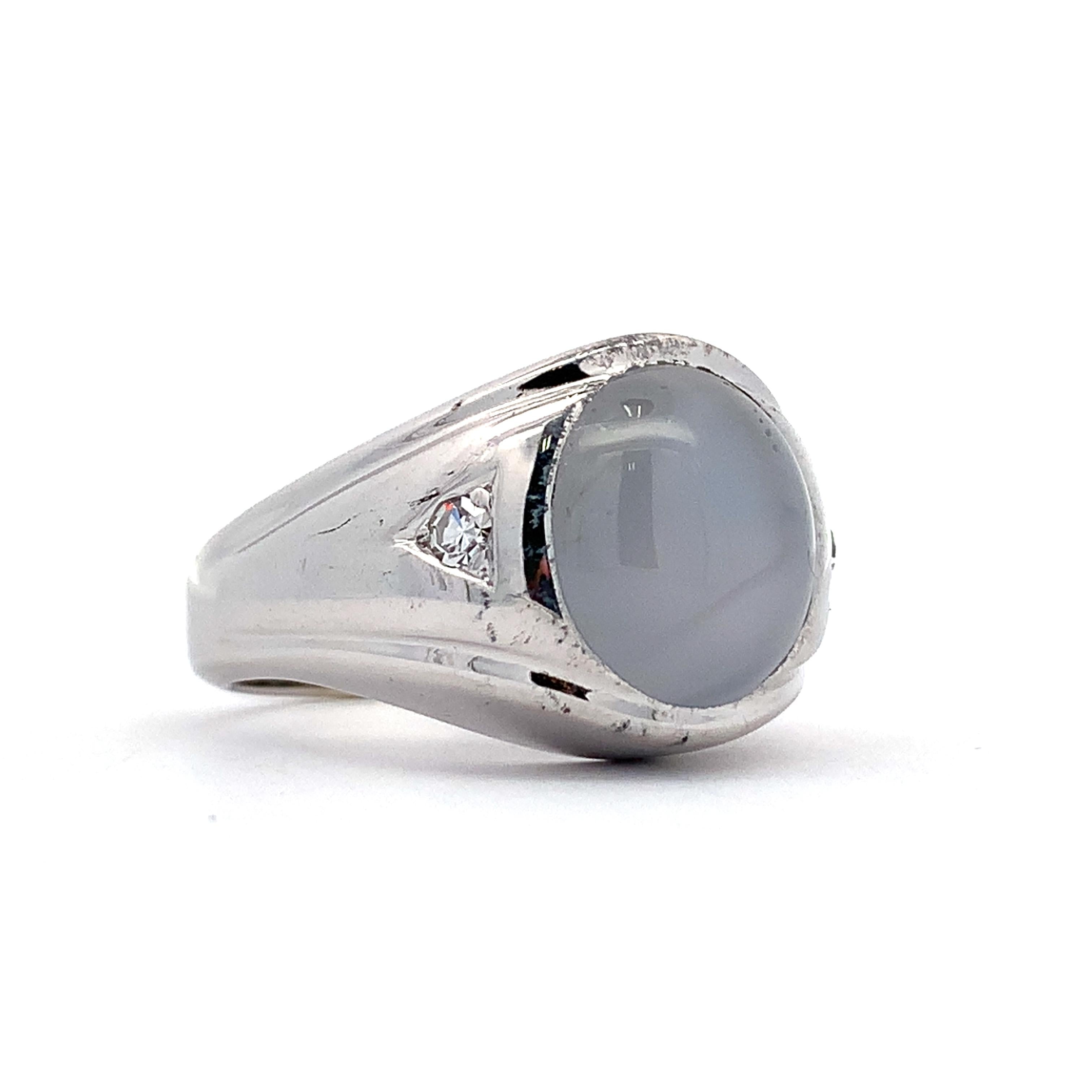Vintage 14K White Gold Oval Cabochon Star Sapphire & Accent Diamond Signet Ring