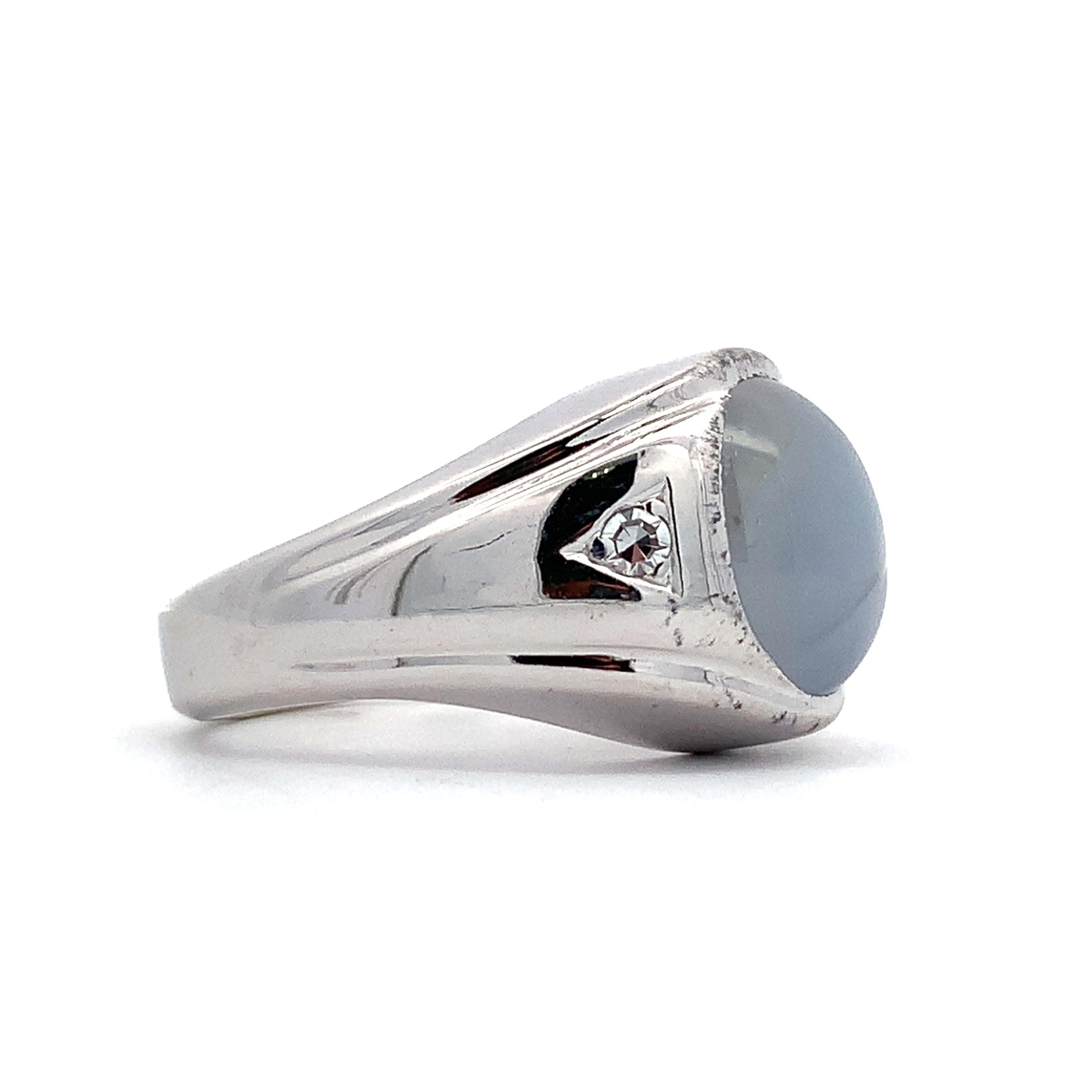 Vintage 14K White Gold Oval Cabochon Star Sapphire & Accent Diamond Signet Ring