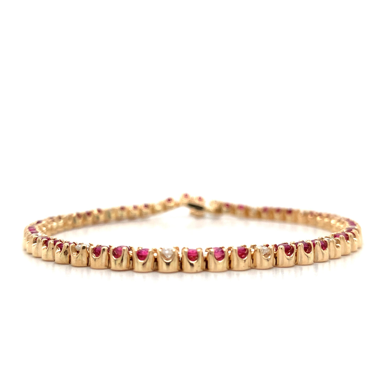 14K Gold Crown Prongs Round Ruby & Round Diamond Tennis Bracelet 7.25 Inch