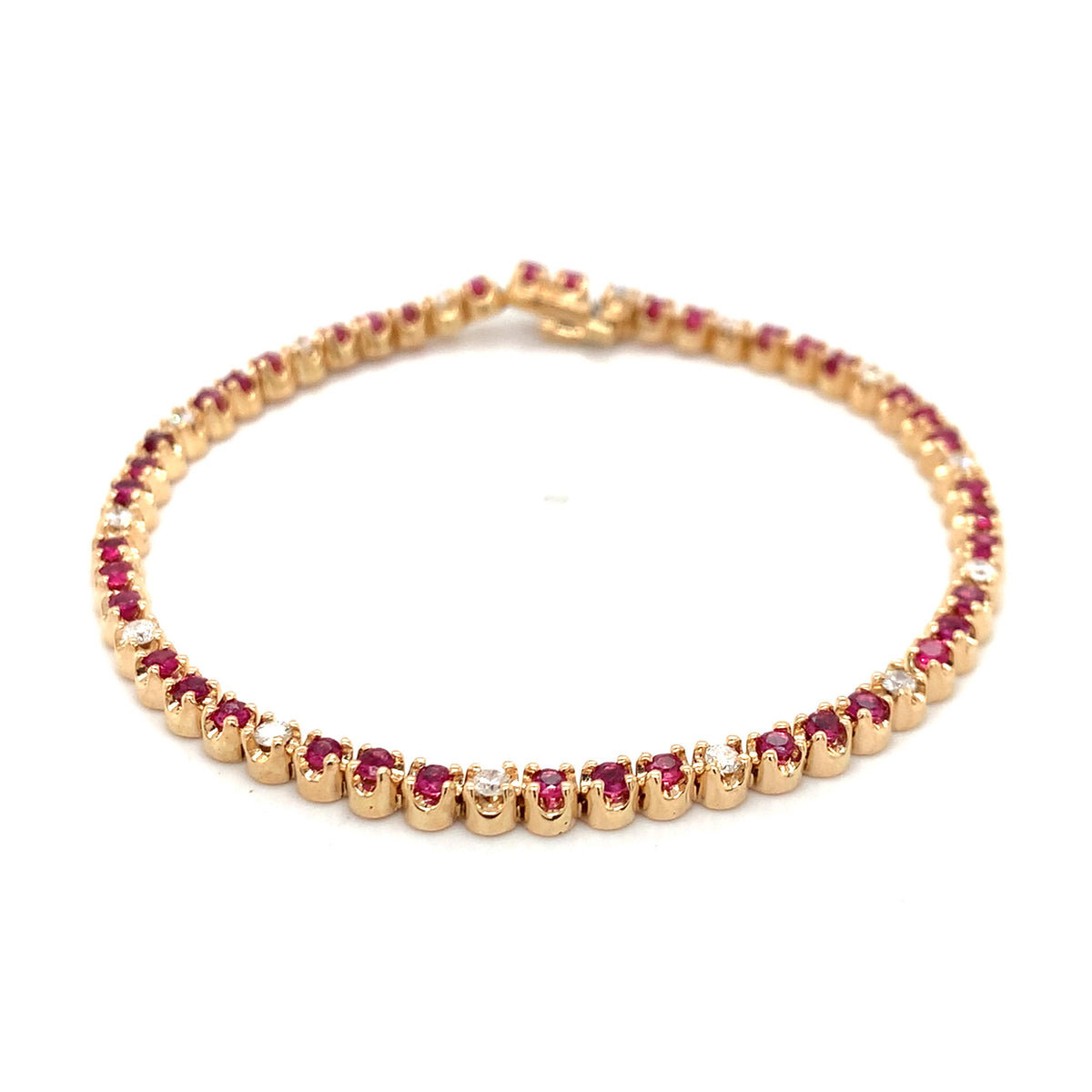 14K Gold Crown Prongs Round Ruby & Round Diamond Tennis Bracelet 7.25 Inch