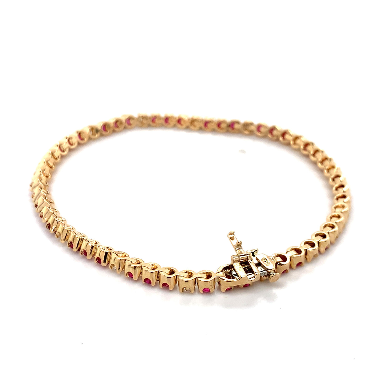 14K Gold Crown Prongs Round Ruby & Round Diamond Tennis Bracelet 7.25 Inch