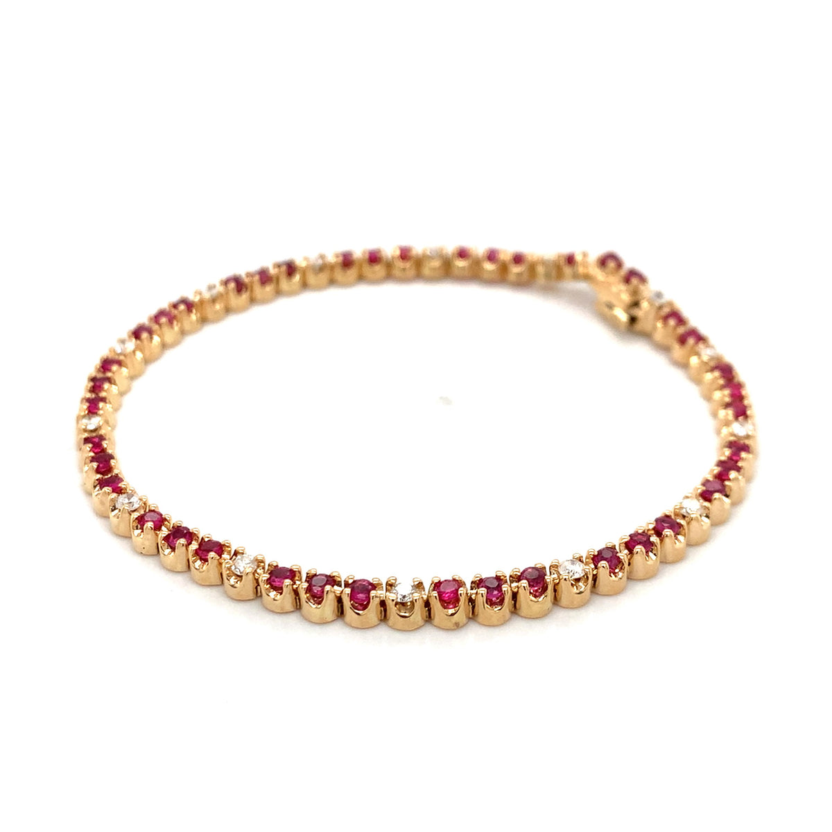 14K Gold Crown Prongs Round Ruby & Round Diamond Tennis Bracelet 7.25 Inch