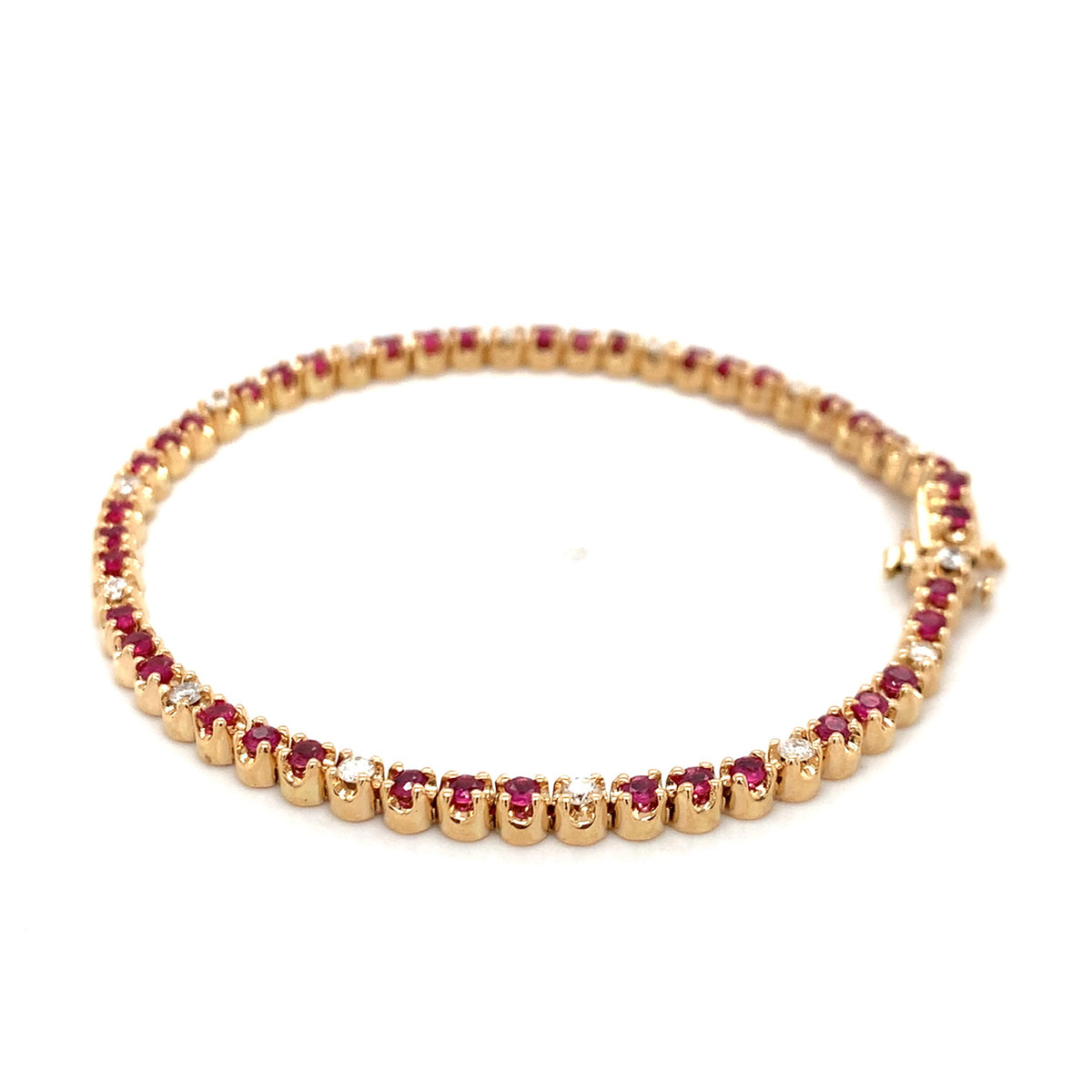 14K Gold Crown Prongs Round Ruby & Round Diamond Tennis Bracelet 7.25 Inch