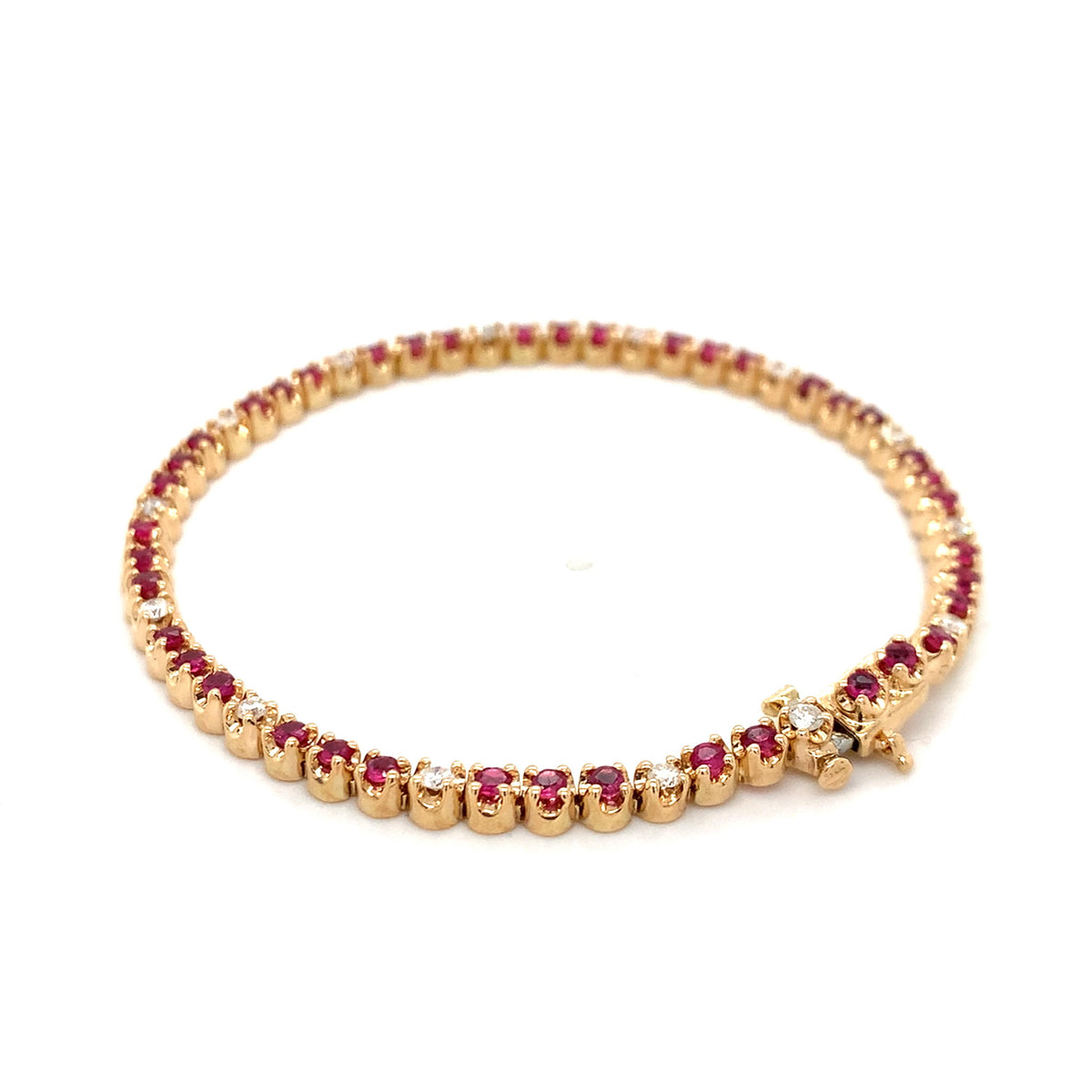 14K Gold Crown Prongs Round Ruby & Round Diamond Tennis Bracelet 7.25 Inch