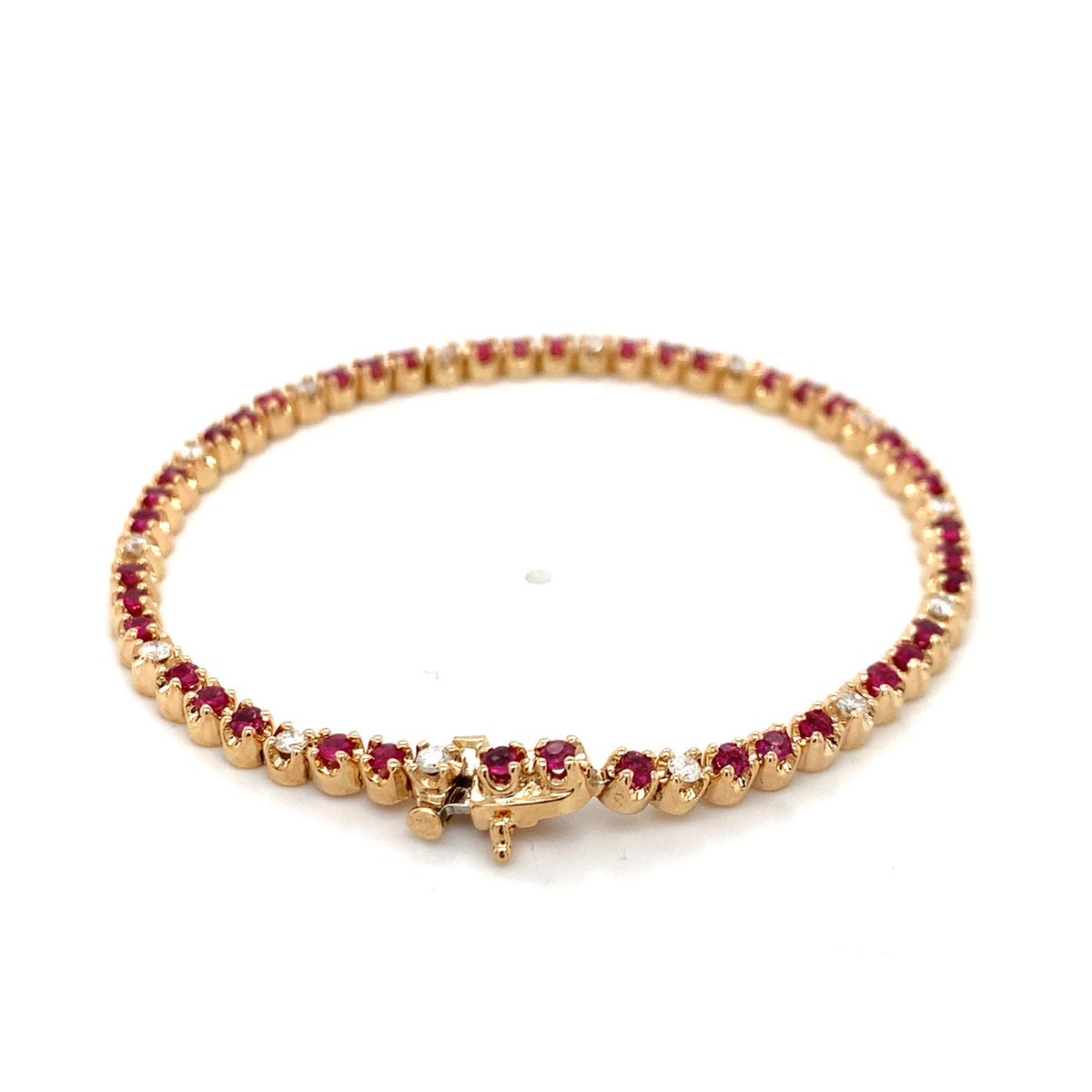 14K Gold Crown Prongs Round Ruby & Round Diamond Tennis Bracelet 7.25 Inch