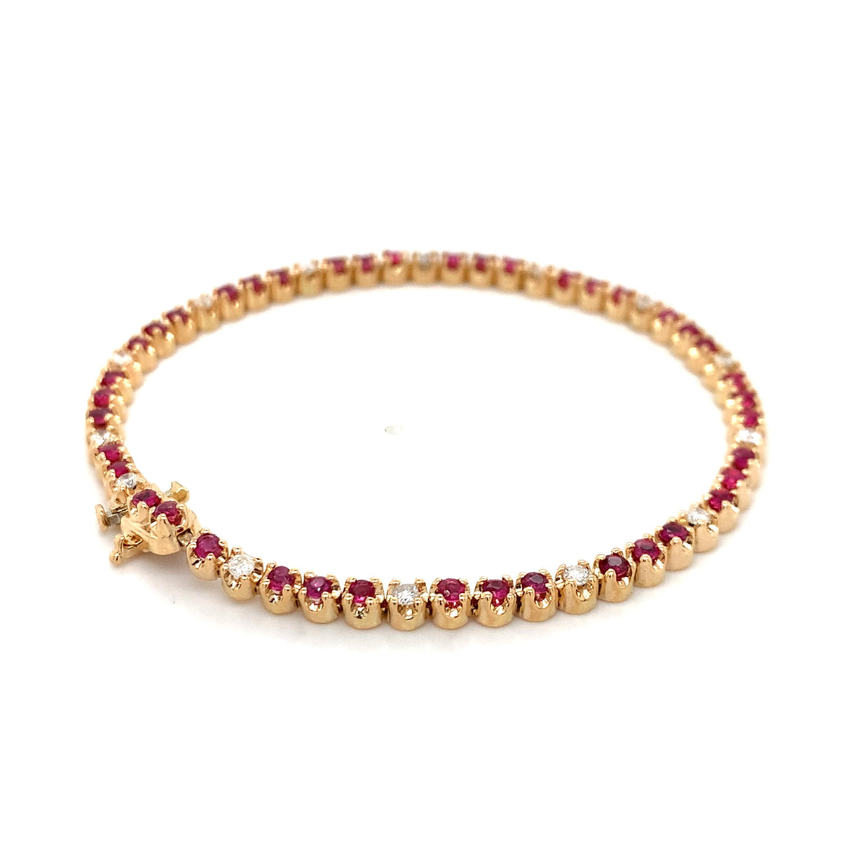 14K Gold Crown Prongs Round Ruby & Round Diamond Tennis Bracelet 7.25 Inch