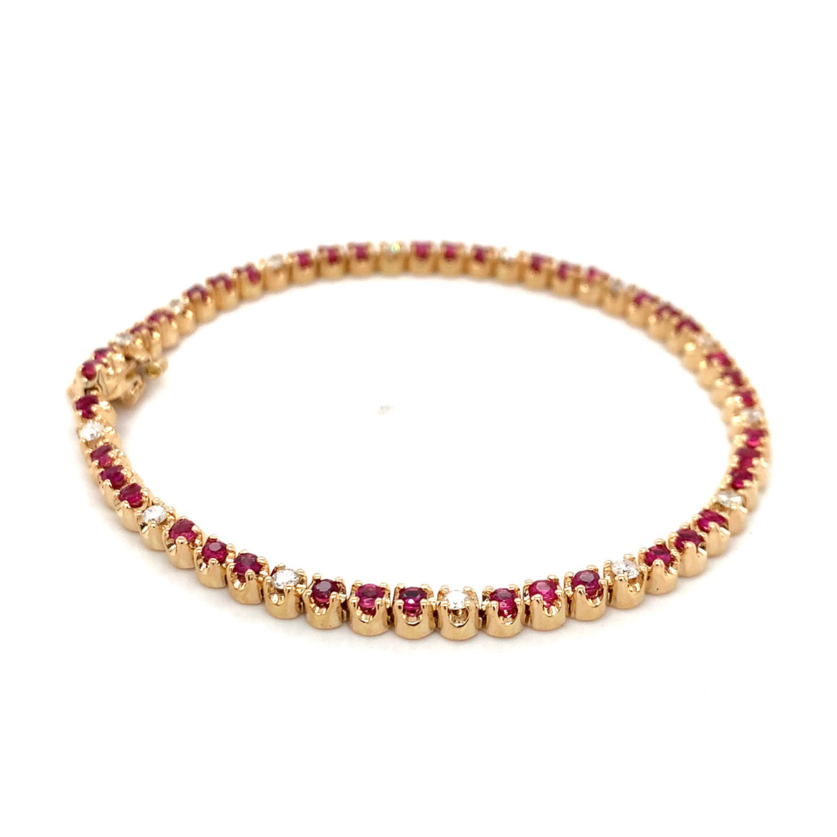 14K Gold Crown Prongs Round Ruby & Round Diamond Tennis Bracelet 7.25 Inch