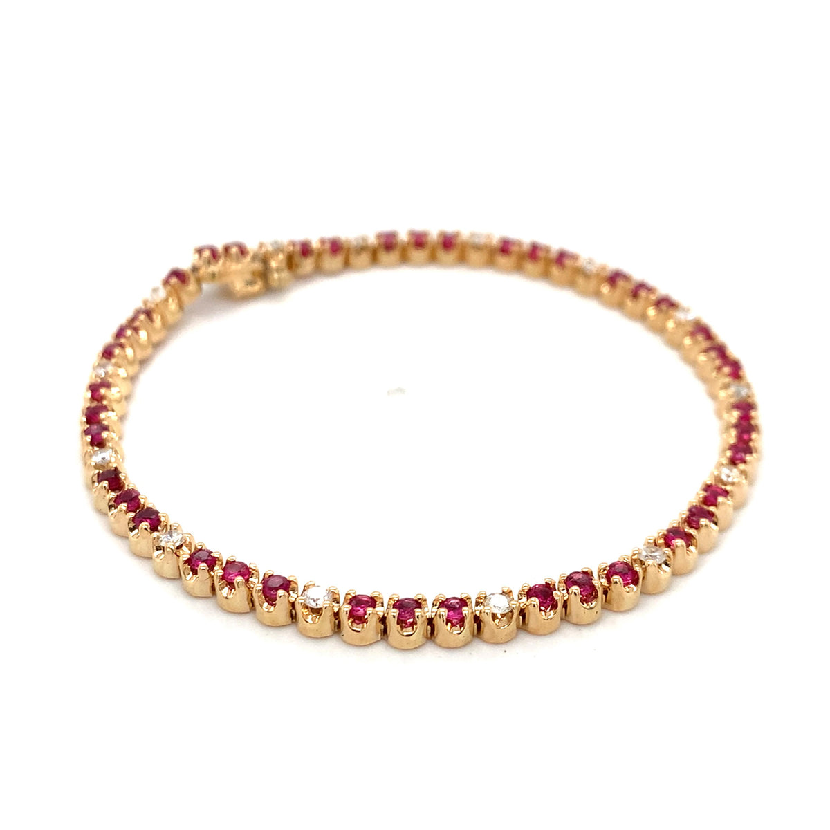 14K Gold Crown Prongs Round Ruby & Round Diamond Tennis Bracelet 7.25 Inch