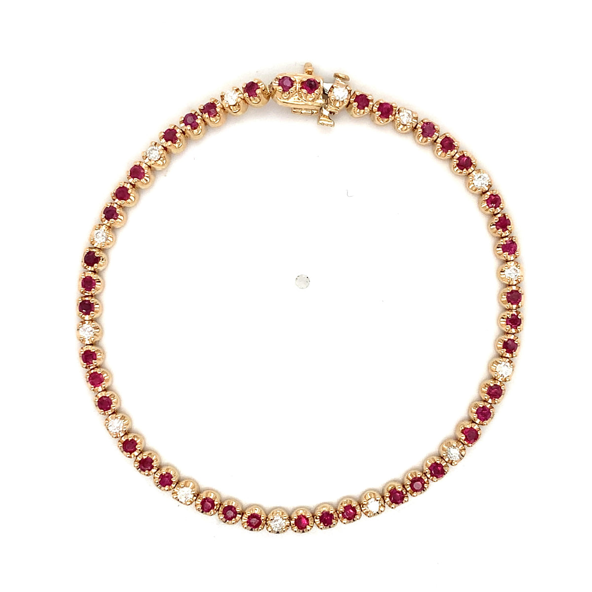 14K Gold Crown Prongs Round Ruby & Round Diamond Tennis Bracelet 7.25 Inch