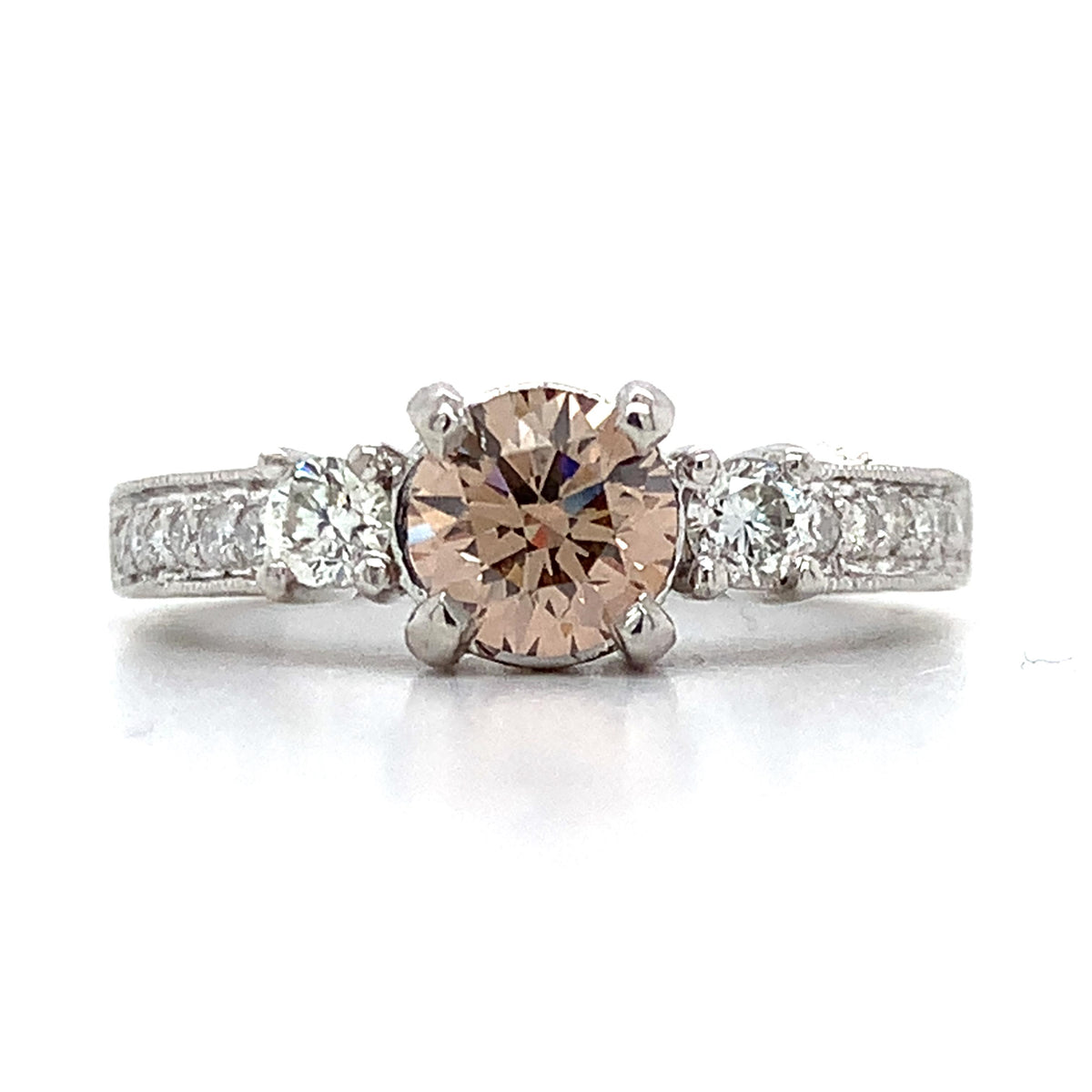 Pt900 .36ct Argyle Mine Brown Center And .80ct White 3 Stone Edge Ring