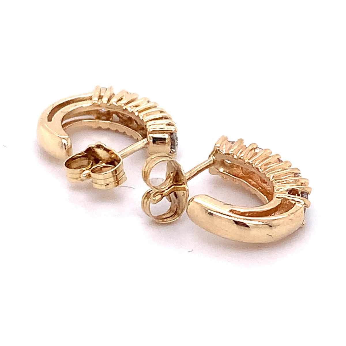 14K Gold Single Row Round Cut 4-Prongs Diamonds Half Hoop Dainty Huggie Errings