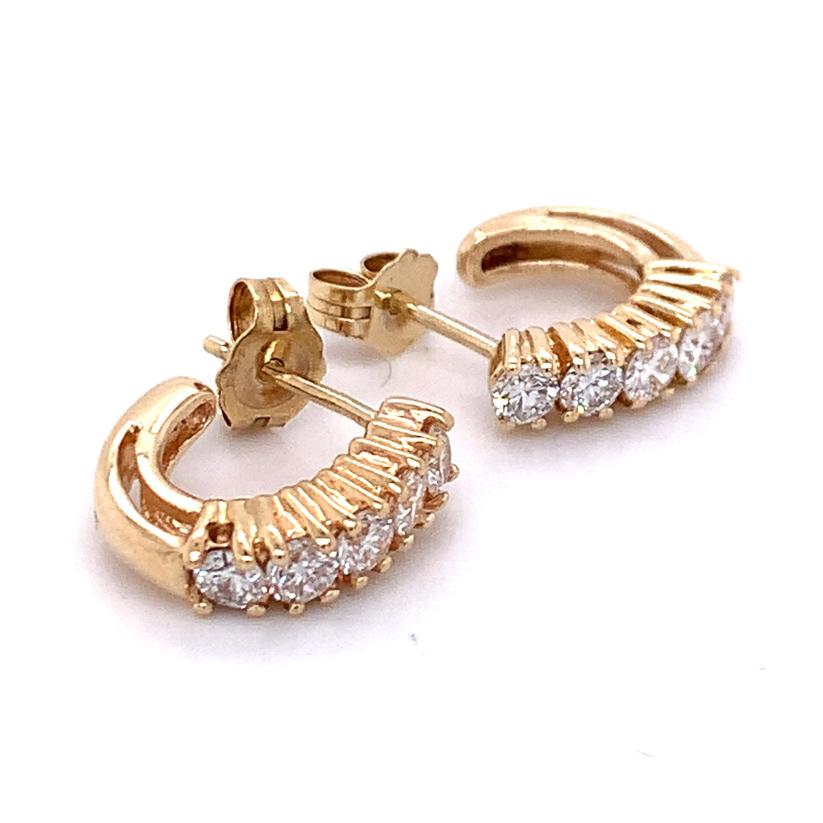 14K Gold Single Row Round Cut 4-Prongs Diamonds Half Hoop Dainty Huggie Errings