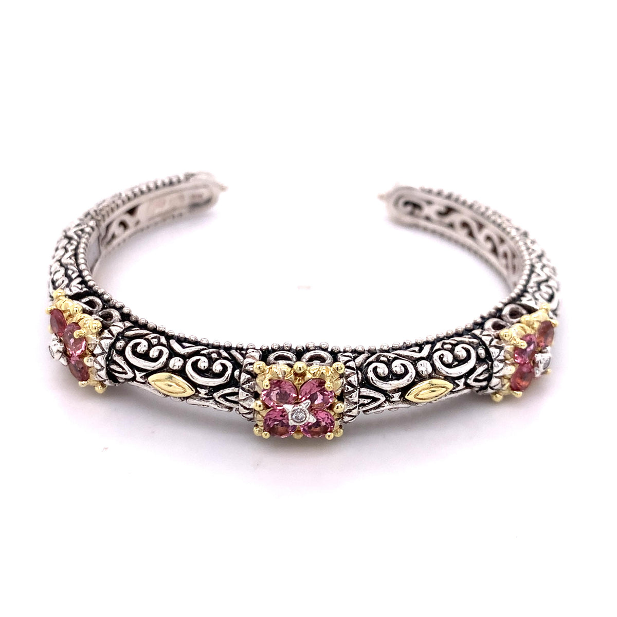 Barbara Bixby SS & 18k Gold Carved Metalwork Tourmaline & Diamond Cuff Bangle