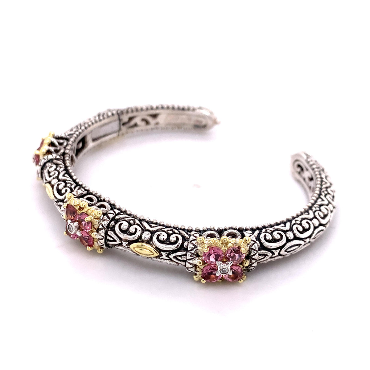 Barbara Bixby SS & 18k Gold Carved Metalwork Tourmaline & Diamond Cuff Bangle