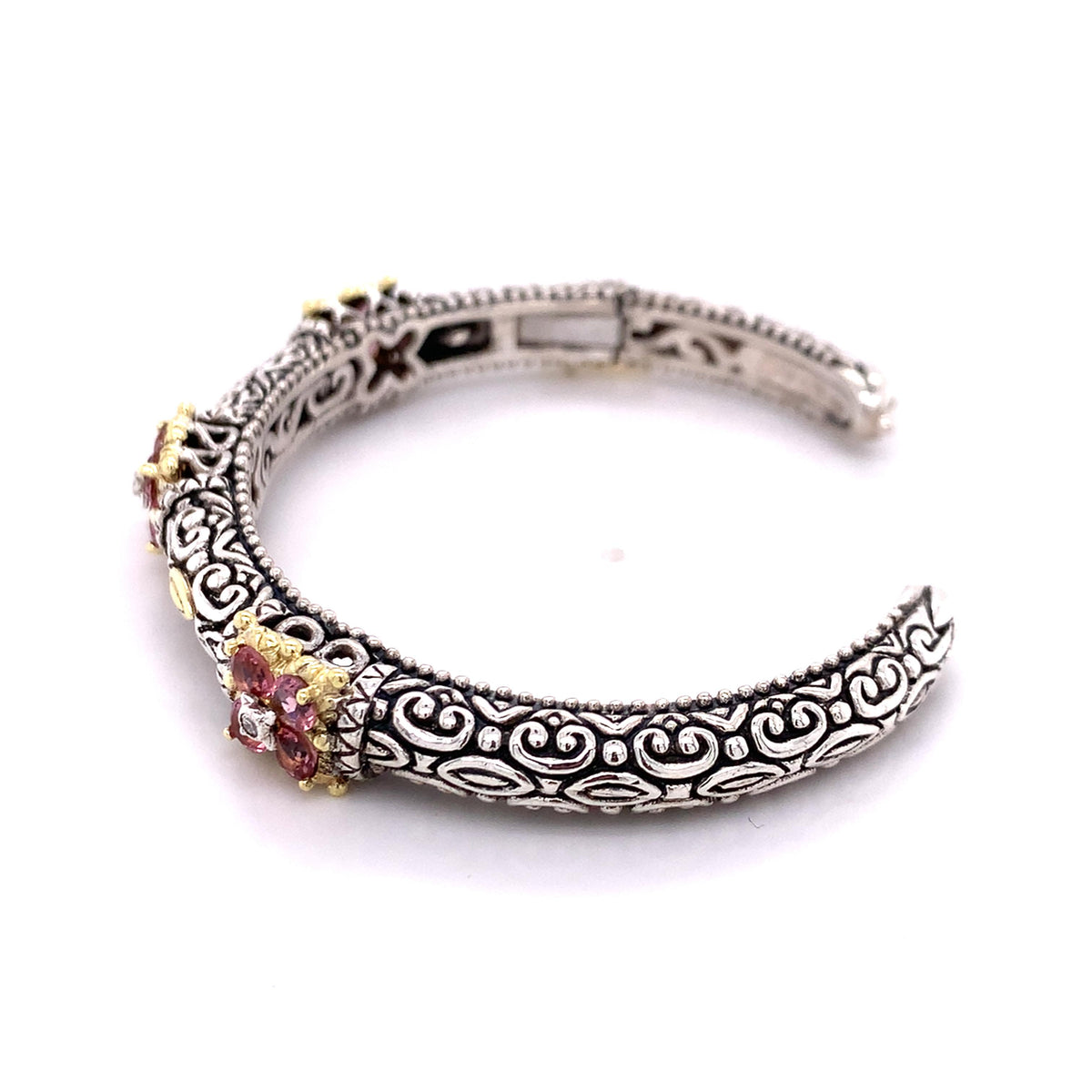 Barbara Bixby SS & 18k Gold Carved Metalwork Tourmaline & Diamond Cuff Bangle