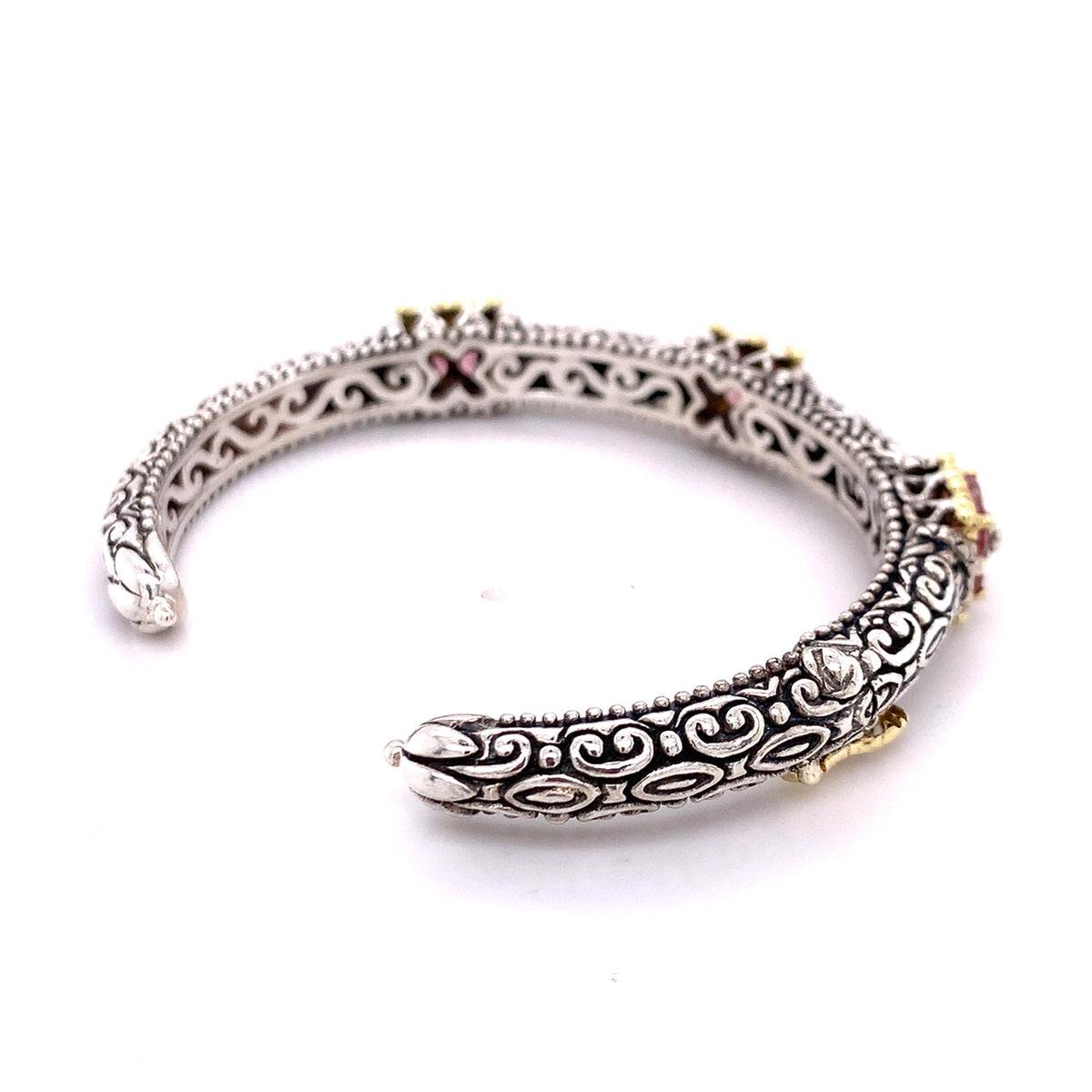 Barbara Bixby SS & 18k Gold Carved Metalwork Tourmaline & Diamond Cuff Bangle