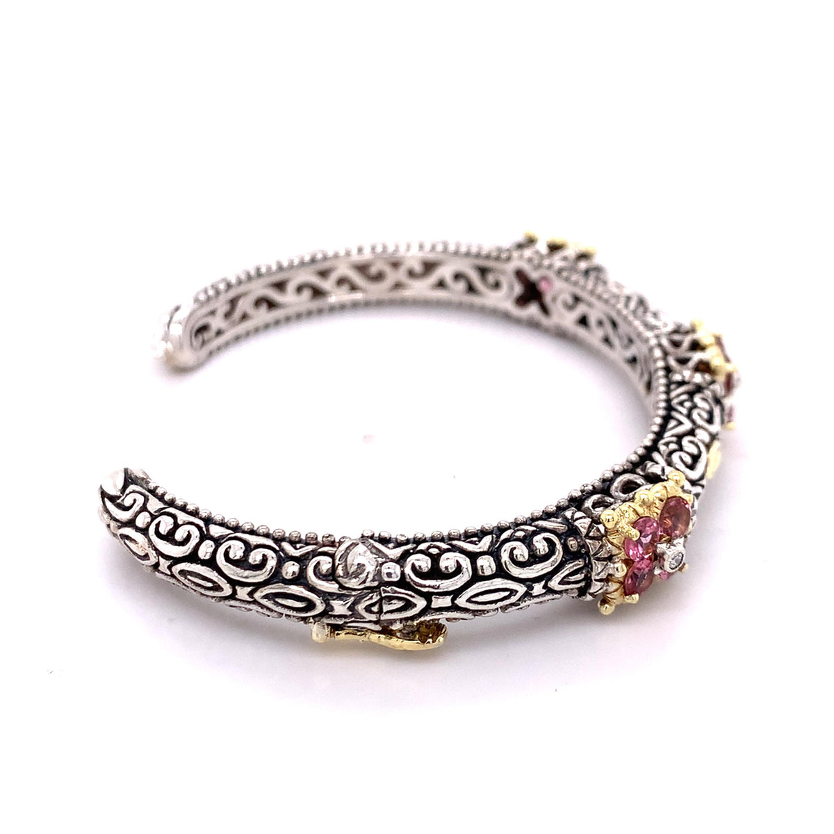 Barbara Bixby SS & 18k Gold Carved Metalwork Tourmaline & Diamond Cuff Bangle